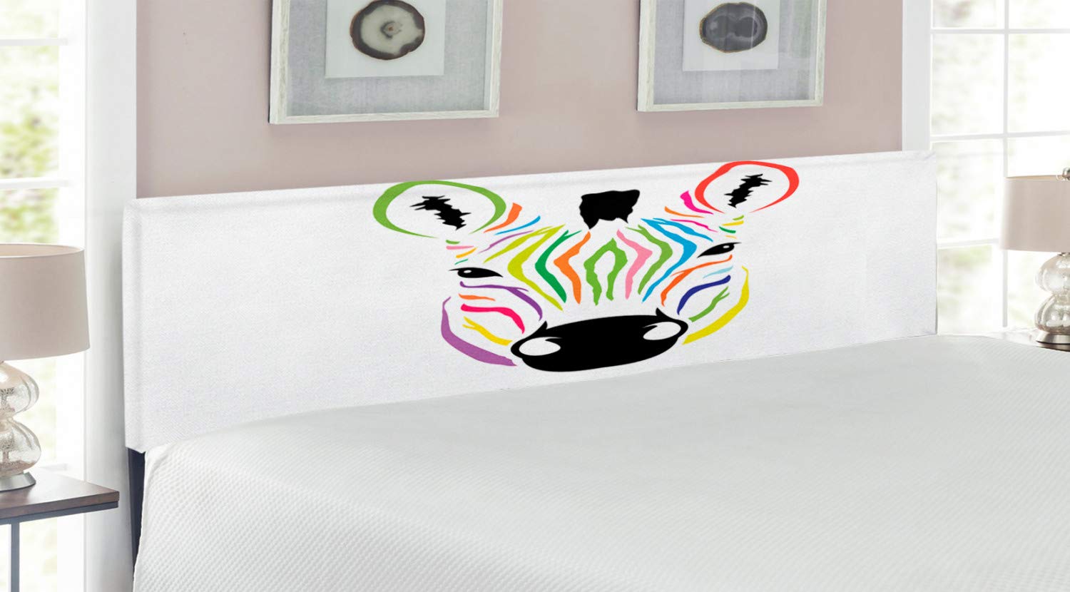 Ambesonne Cartoon Headboard - Colorful Exotic Zebra & Funny Animal Abstract Art Print Upholstered Metal Bed Headboard with Memory Foam, King Size, Multicolor - Perfect for Kids' Bedrooms, Dorm Decor & Unique Home Interior Design