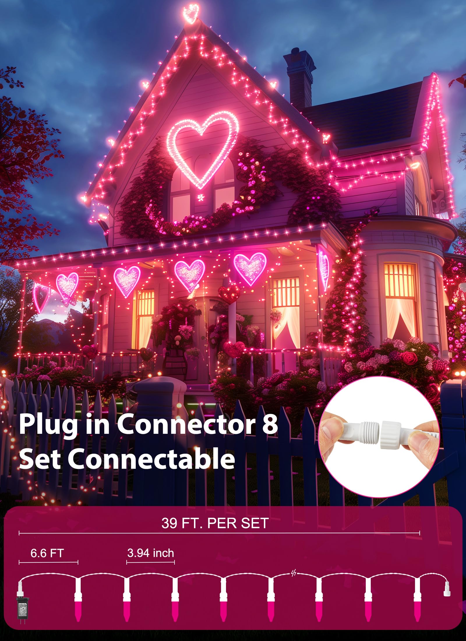 100 LED Pink Christmas String Lights - 39Ft Connectable Mini Lights with 8 Lighting Modes, Waterproof for Indoor & Outdoor Valentine's Day Decorations, Wreaths, Garlands, and Holiday Parties (White Wire) - Perfect for Bedroom, Garden, Wedding, and Christmas Tree Decor