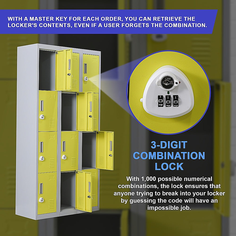 12-Door Locker with 3-Digit Combination Lock - Secure Storage for Office, Gym, Shed, School & Home - Ideal for Personal Belongings, Equipment & Valuables Protection