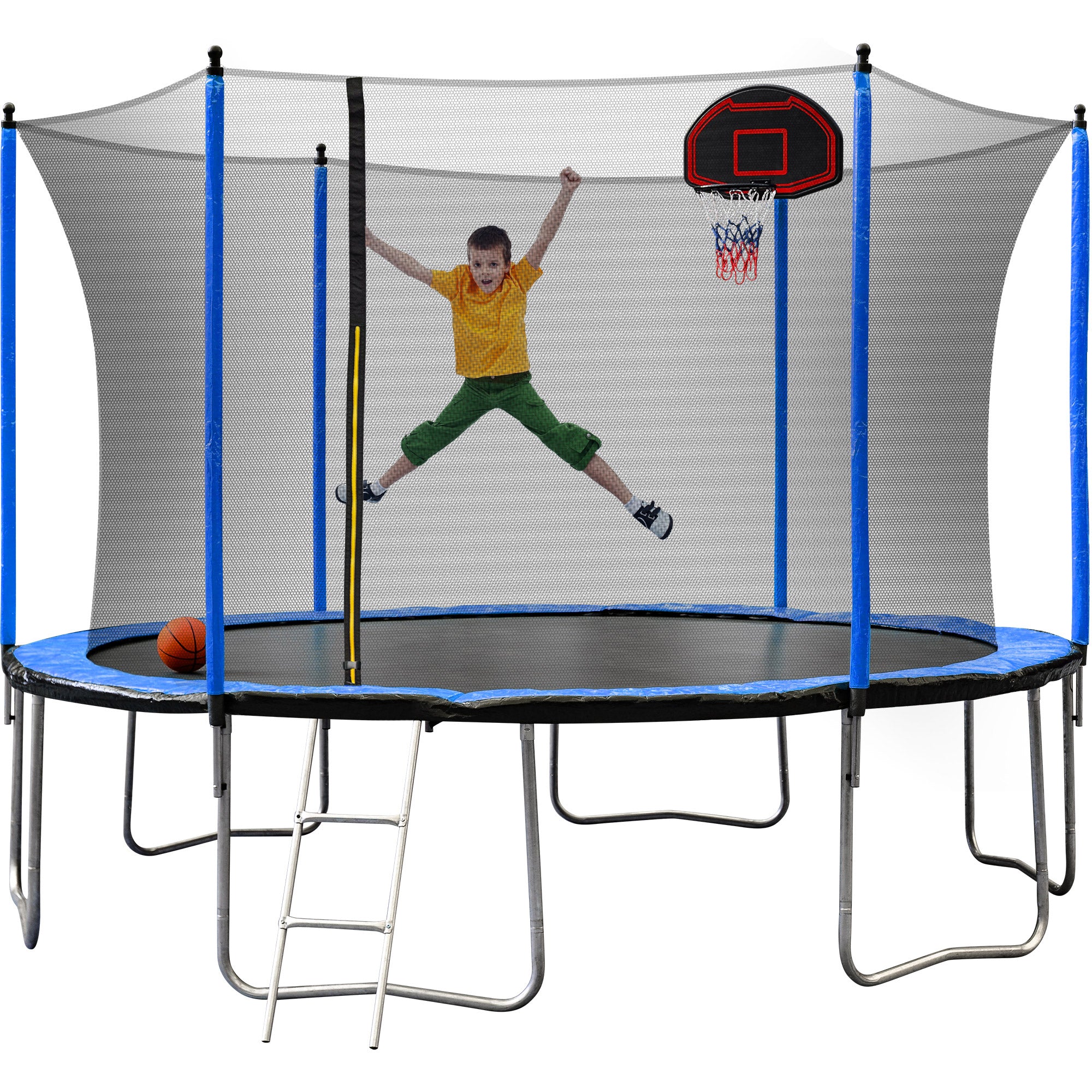 15FT Trampoline with Basketball Hoop, Air Pump & Ladder - Blue Safety Enclosure for Outdoor Family Fun & Backyard Exercise