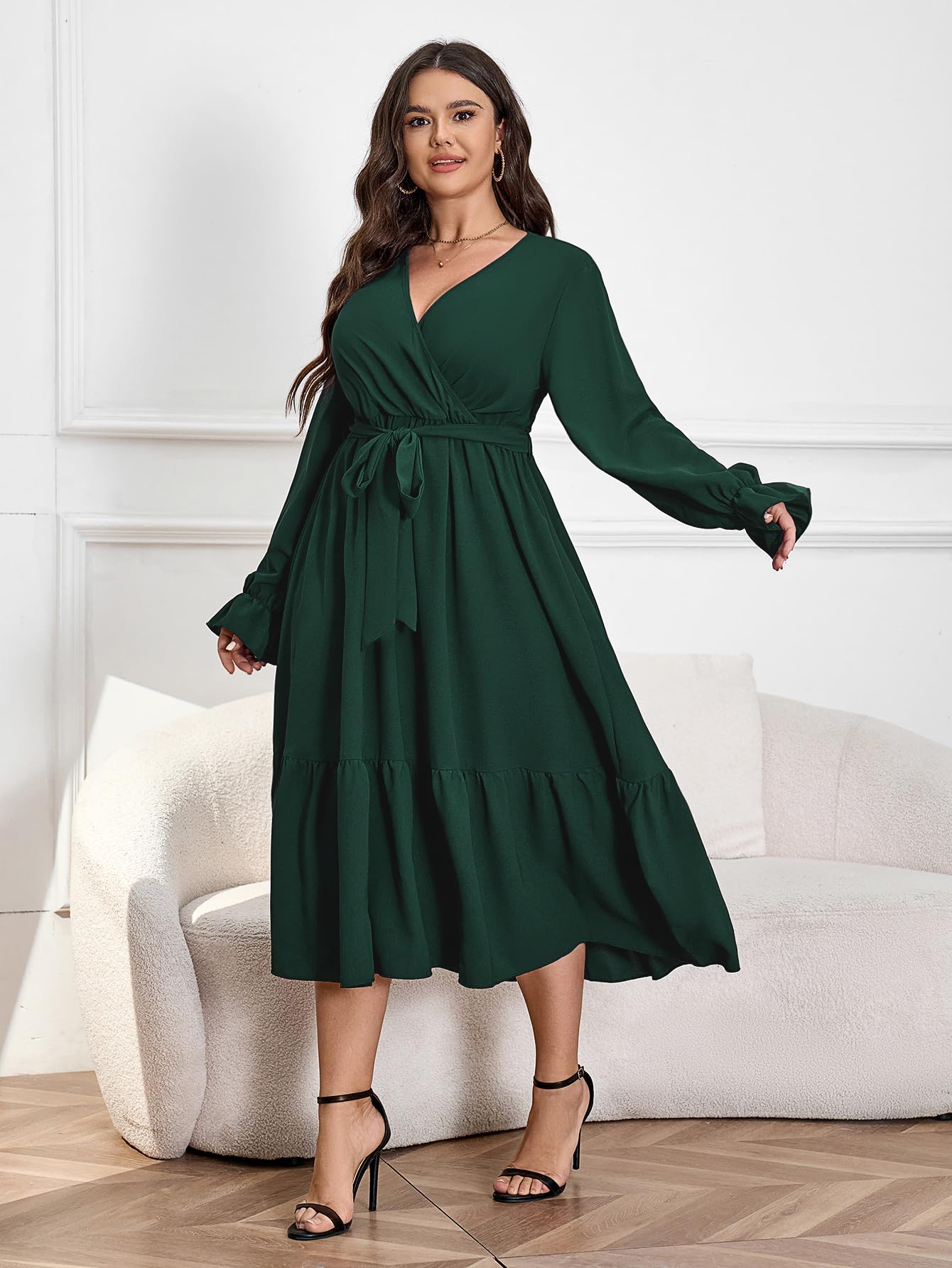 Elegant Plus Size Wedding Guest Dress for Women - Long Sleeve Wrap V-Neck Belted A-Line Maxi Dress with Ruffle Hem | Perfect for Cocktail Parties, Formal Events & Special Occasions