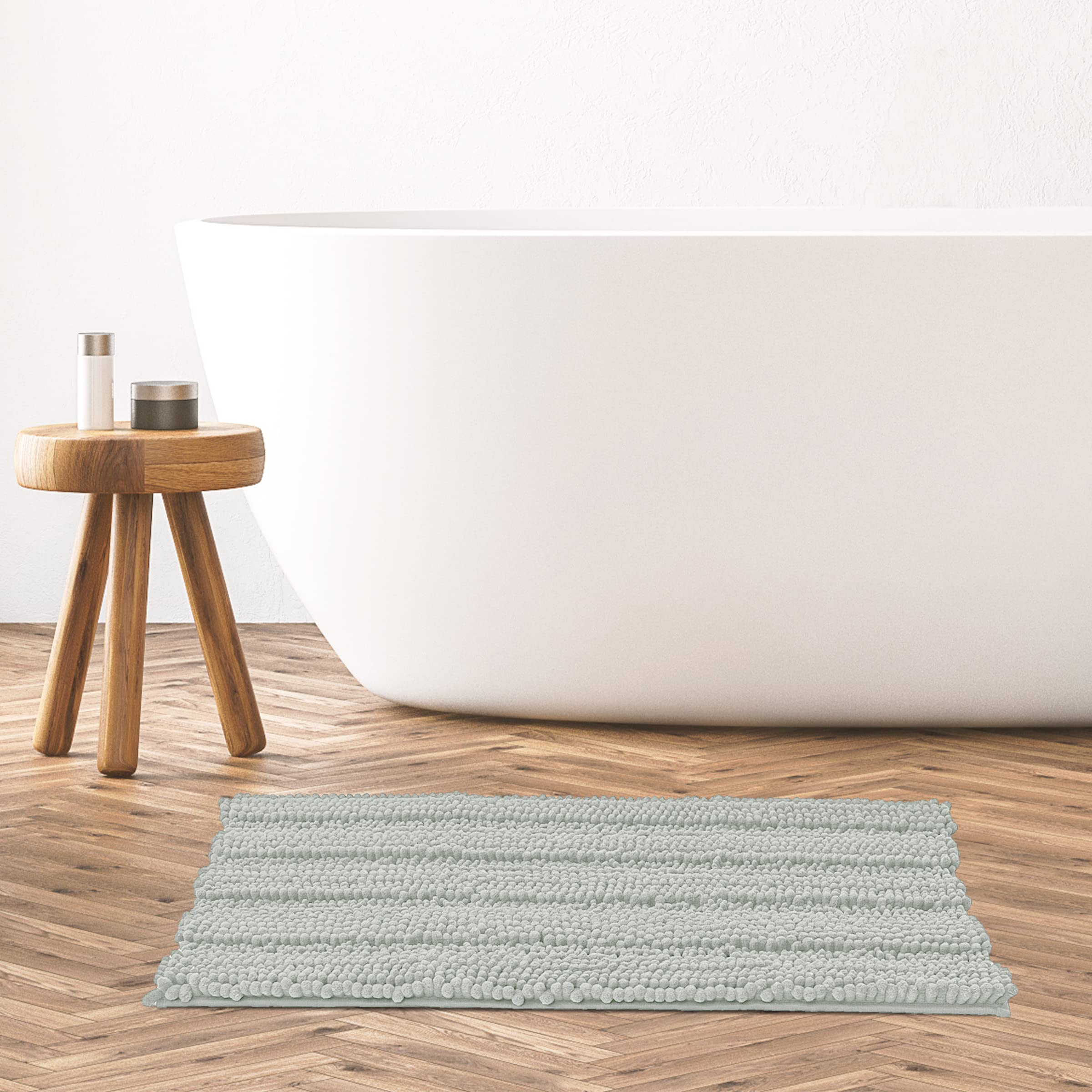 SUBRTEX Soft Striped Plush Bathroom Rug - Absorbent Quick-Drying Machine Washable Bath Mat for Shower & Floor (20x32 Inch, Light Gray) | Non-Slip Cozy Home Decor for Bathroom, Bedroom & Laundry Room