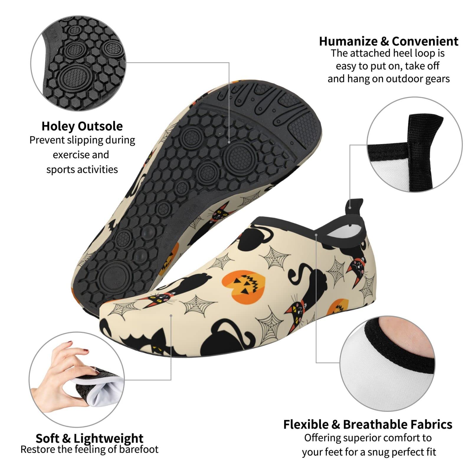 Quick-Dry Aqua Socks | Barefoot Water Shoes for Beach, Swim & Halloween | Non-Slip Black Cat Design for Men & Women | Perfect for Pool, Surfing & Water Sports