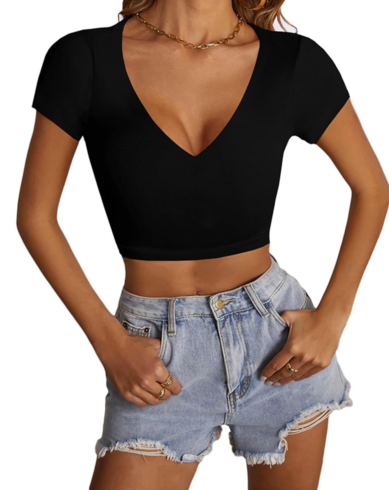LYANER Women's V-Neck Crop Top Short Sleeve Summer T-Shirt - Sexy Slim Fit Workout Shirt for Gym, Yoga, Running & Casual Wear