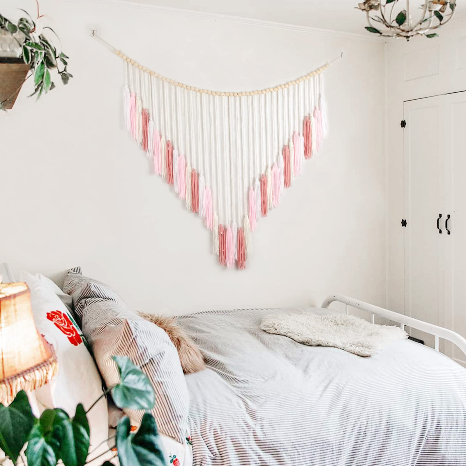 Macrame Wall Hanging with Wood Beads - Boho Home Decor for Bedroom & Living Room | Photo Display & Gift Idea