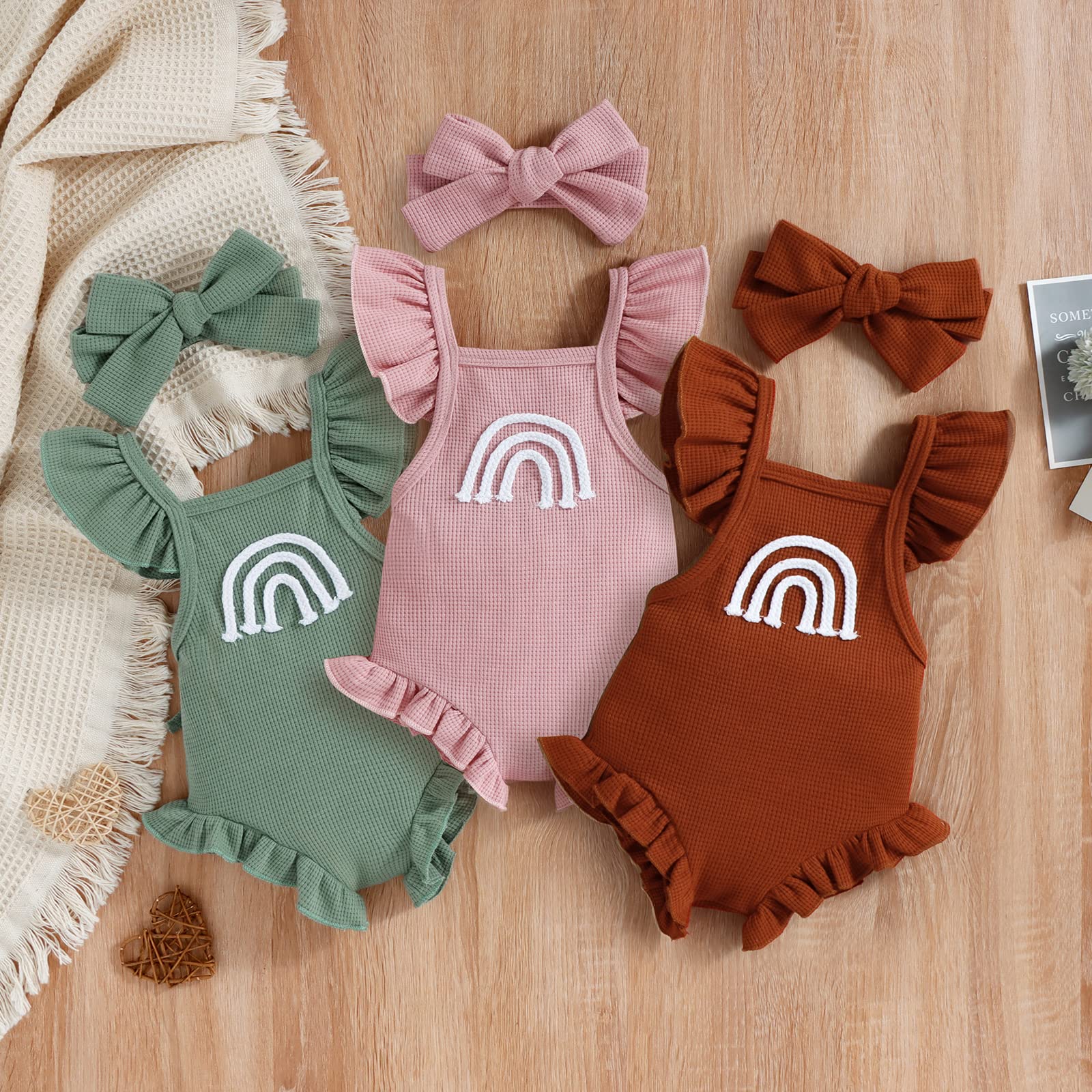 Adorable Newborn Baby Girl Outfit - Rainbow Waffle Knit Ruffled Romper & Headband Set | Sleeveless Backless Bodysuit Jumpsuit for Infants | Perfect for Photoshoots, Birthday Parties & Special Occasions