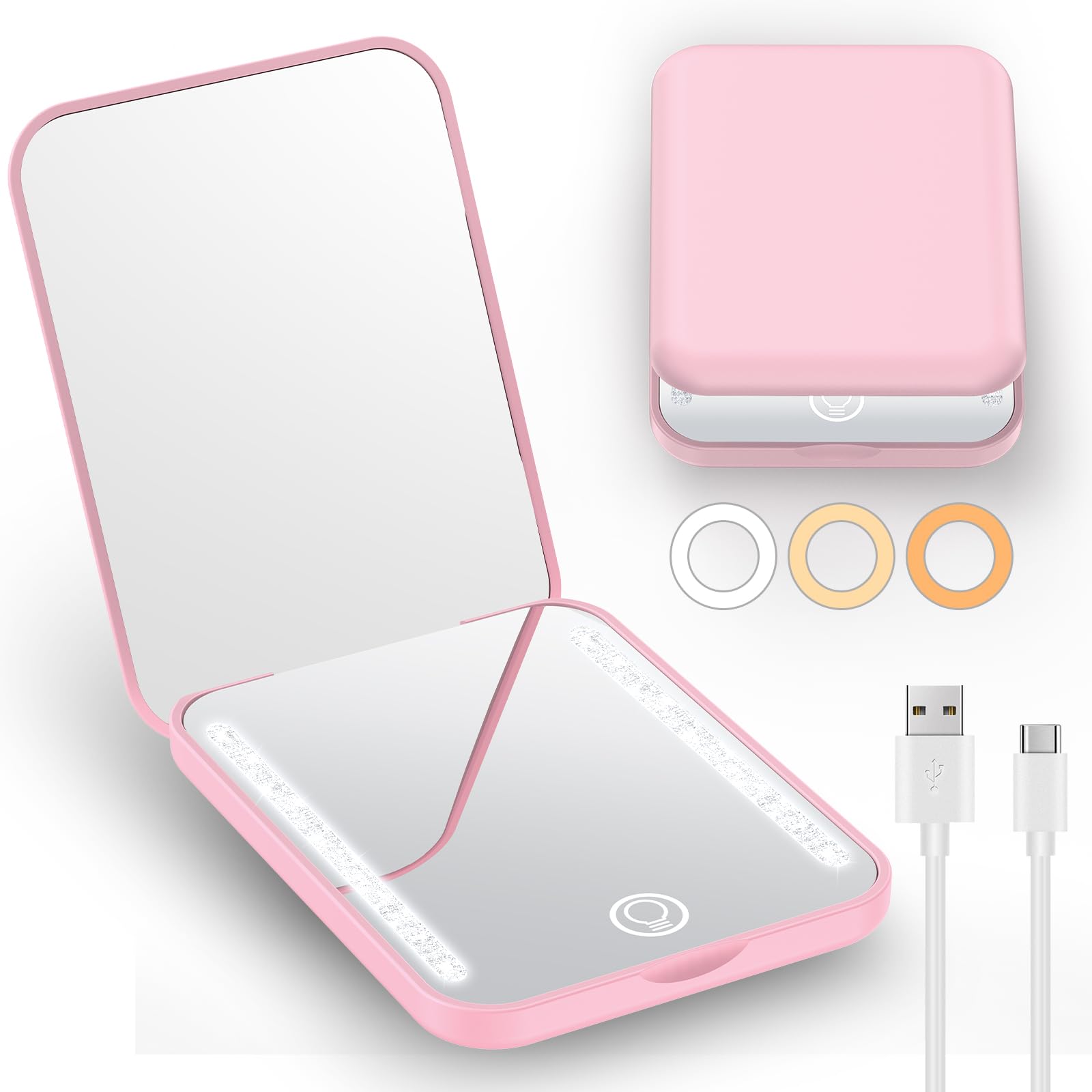 Gospire Mini Rechargeable Travel Makeup Mirror with LED Lights - 1X/3X Magnification, 3 Color Modes & Adjustable Brightness, Compact Handheld Vanity Mirror for Purse, Travel, Home & Salon Use - Pink