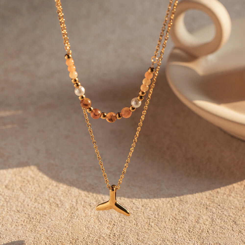 18K Gold Whale Tail Glass Bead Layered Necklace for Women - Elegant Layered Pendant Jewelry Gift for Birthday, Anniversary & Valentine's Day | JDN2306