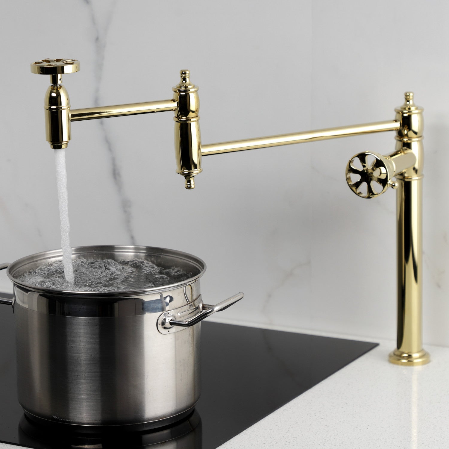 Belknap KS3702RX Two Handle Deck Mount Pot Filler Faucet - Polished Brass Finish for Kitchen Sink, Stove & Cooking Area - Ideal for Filling Large Pots & Pans While Cooking