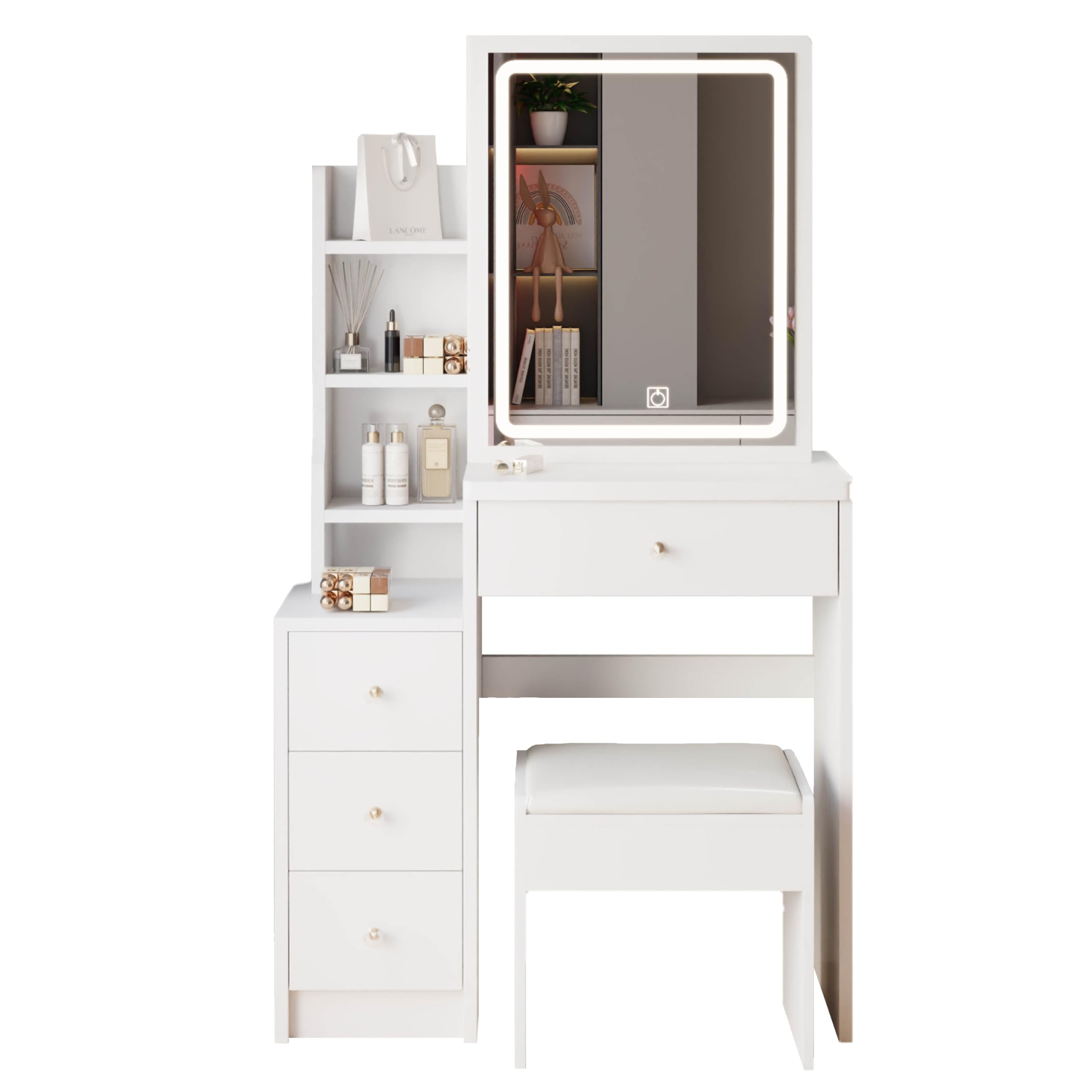 Vanity Desk with LED Mirror & Stool - Adjustable 3-Color Lighting Makeup Table with Drawers, Small Dressing Table for Girls - Perfect for Bedroom, Salon, or Beauty Studio (White)