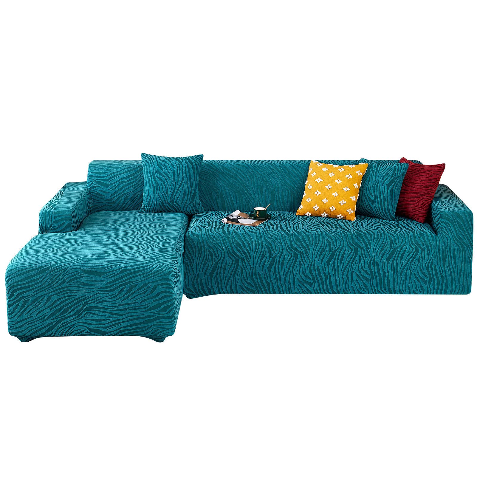 YZHALOUK Stretch Sectional Couch Cover - 2pc L-Shaped Sofa Slipcover, Jacquard Spandex Elastic Fabric Furniture Protector (Machine Washable) - Blue & Green - Fits 2+5 Seater Couches - Perfect for Living Room, Family Room & Home Theater Protection