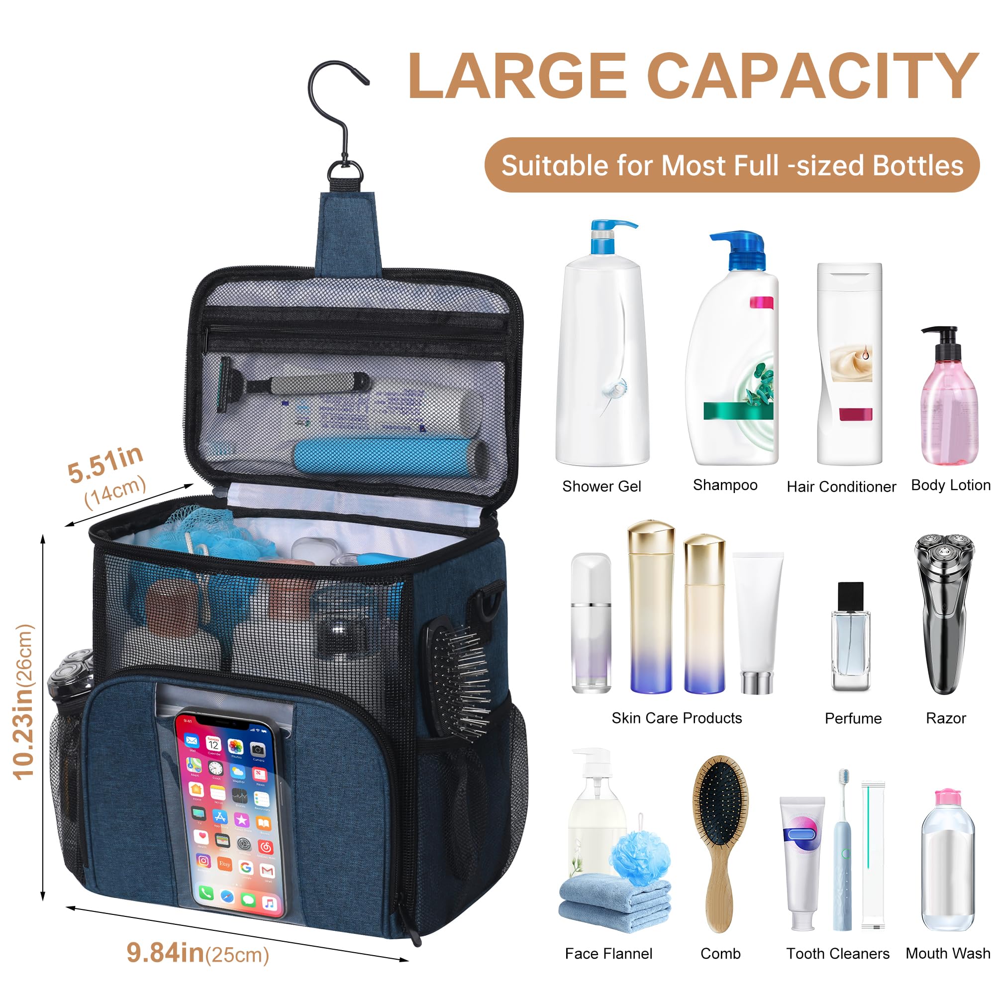 VOCUS Portable Shower Caddy & Travel Toiletry Organizer Bag with Hanging Hook - Water-resistant Shaving Bag for Men & Women - Perfect for College, Gym, Camping & Travel Accessories Storage