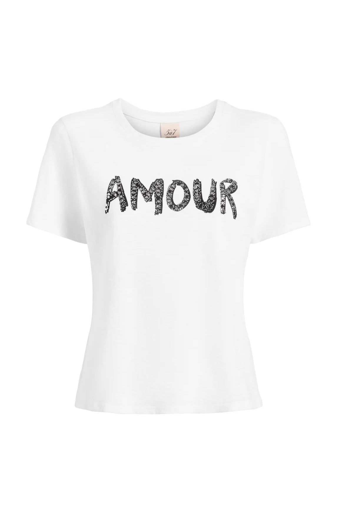 Cinq à Sept Rhinestone Amour Shrunken Tee - Women's Sparkling Rhinestone T-Shirt for Party & Night Out | Casual Glam Top for Date Night, Clubwear & Evening Events