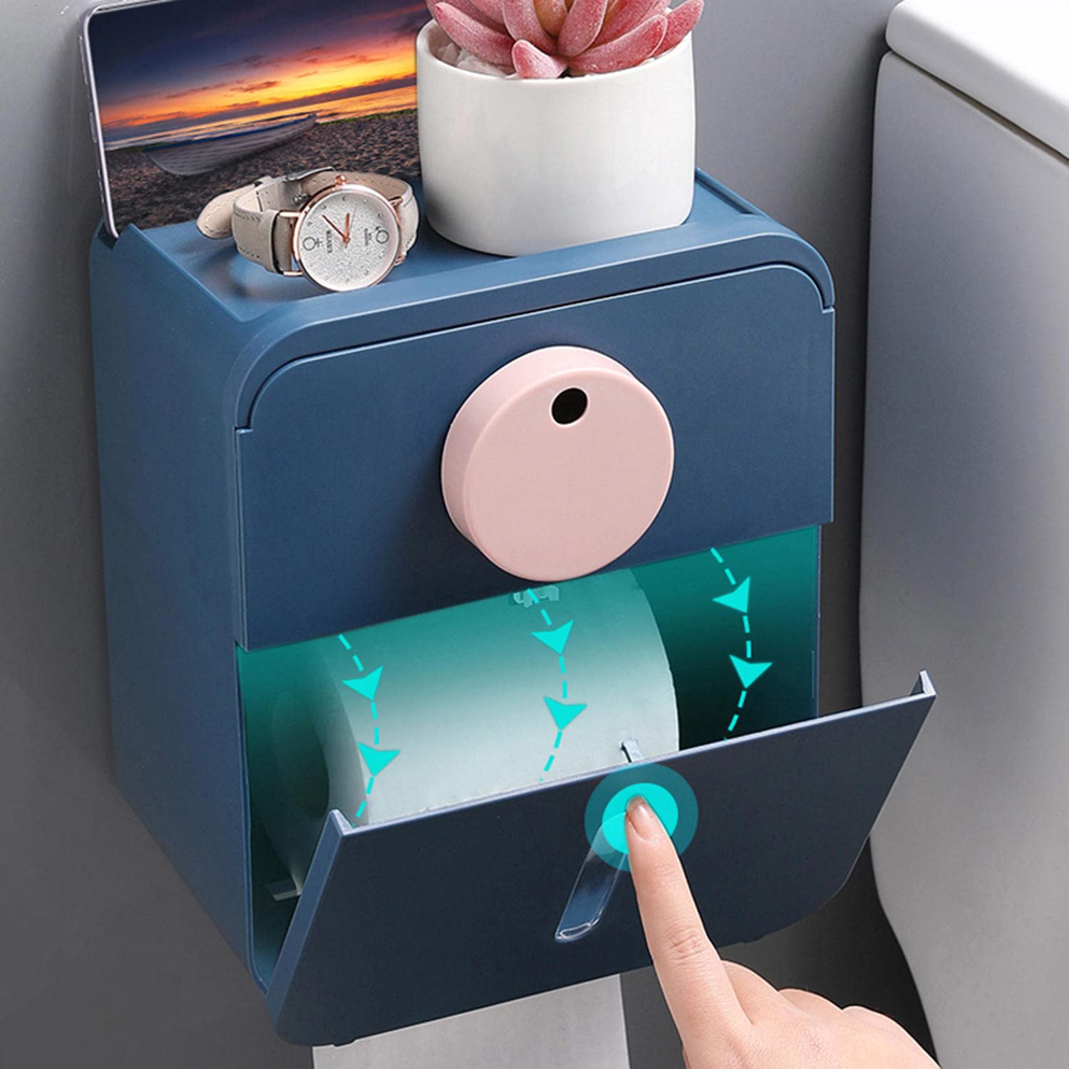 JINYISI 4-in-1 Wall Mounted Toilet Paper Holder with Storage Shelf - Space Saving Bathroom Organizer for Toilet Rolls, Phones & Essentials - Rustproof Blue Metal Design - Perfect for Small Bathrooms & Powder Rooms
