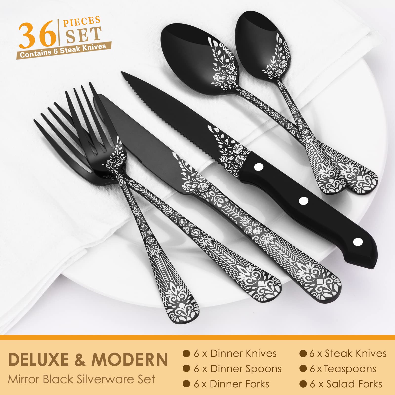 EUIRIO 36-Piece Black Silverware Set with Steak Knives - 6-Person Stainless Steel Mirror Cutlery Set with Unique Floral Laser Design (Spoons, Forks, Knives) - Dishwasher Safe Flatware for Everyday Dining, Dinner Parties & Restaurant Use