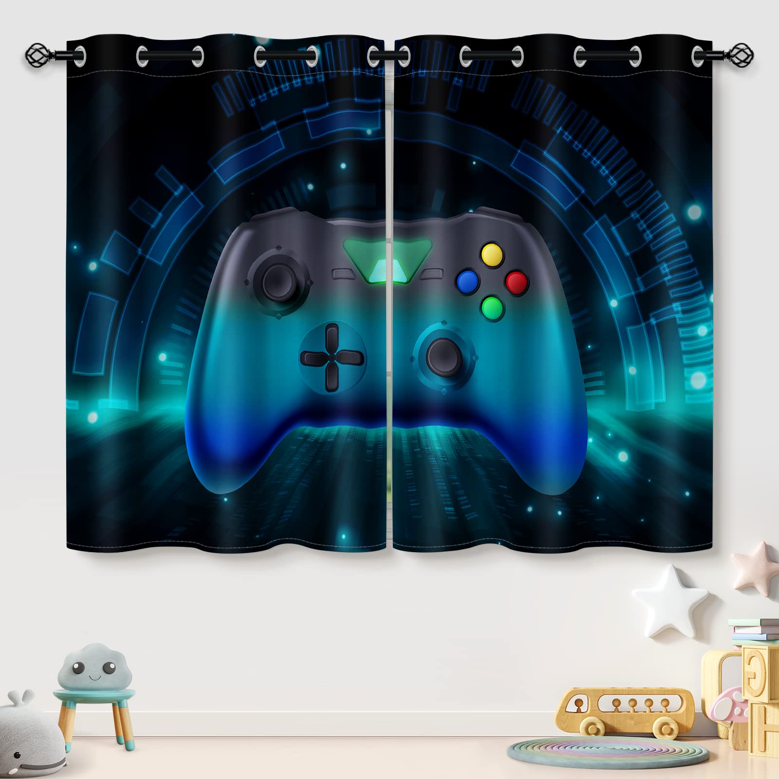 Blackout Curtains for Gaming Room - Set of 2 Panels (52 x 63 Inch) - Short Black & Blue Light Blocking Drapes with Grommets - Perfect for Console Gaming, Home Theater & Bedroom Window Treatment