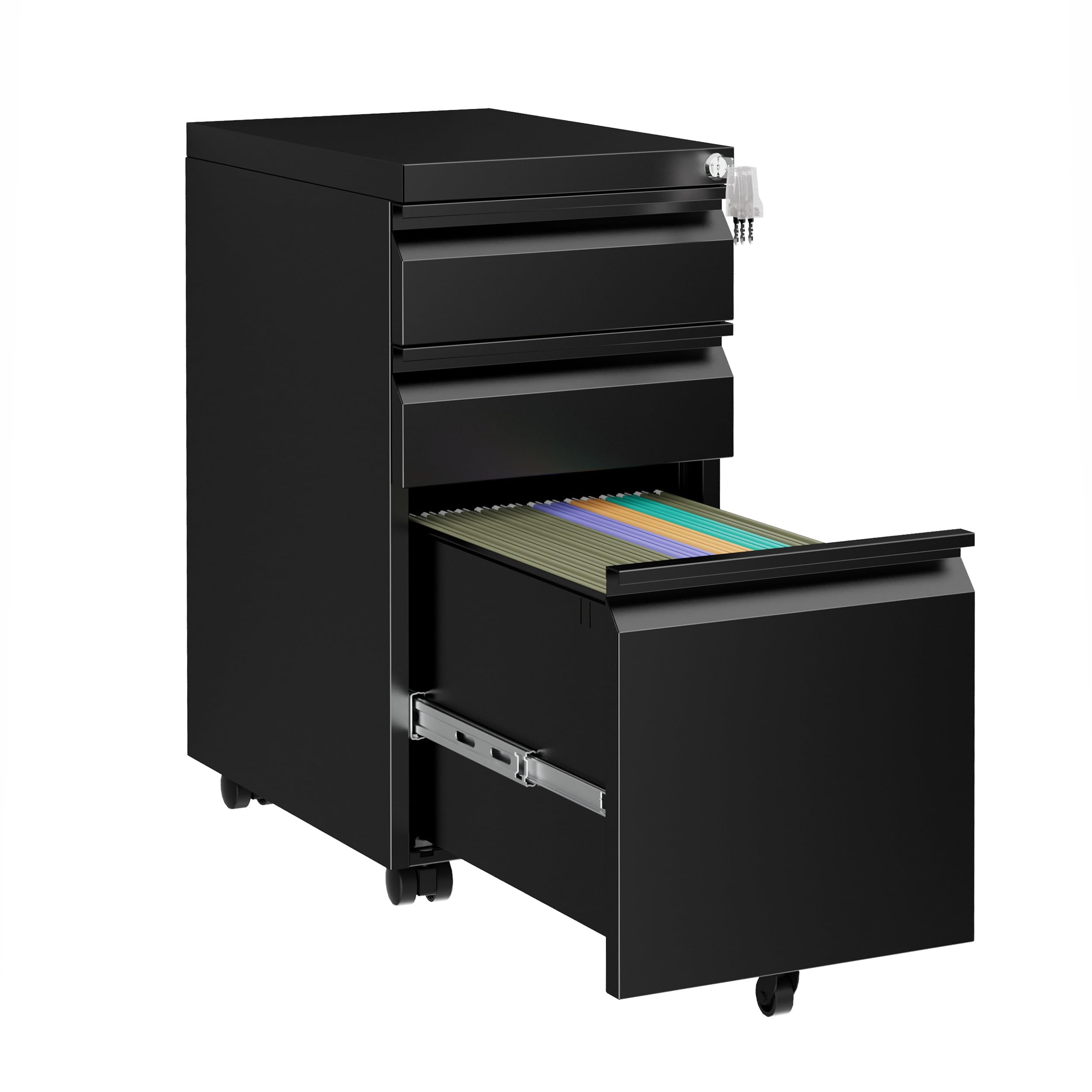 3-Drawer Slim Metal File Cabinet with Lock - Mobile Office Storage for A4, Letter & Legal Folders - Fully Assembled Black Filing Cabinet for Home & Office Organization