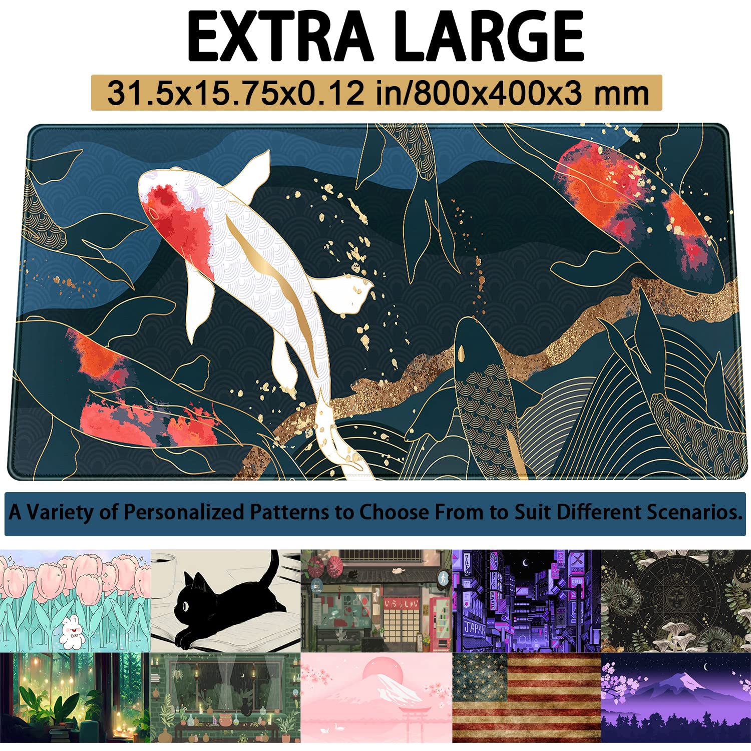 Anime Koi Carp XXL Gaming Mouse Pad - Japanese Style Cute Koi Fish Design Large Desk Mat (31.5x15.75 in) for Computer, Laptop, Keyboard - Perfect for Girl Gamers, Office & Home Workspace Protection
