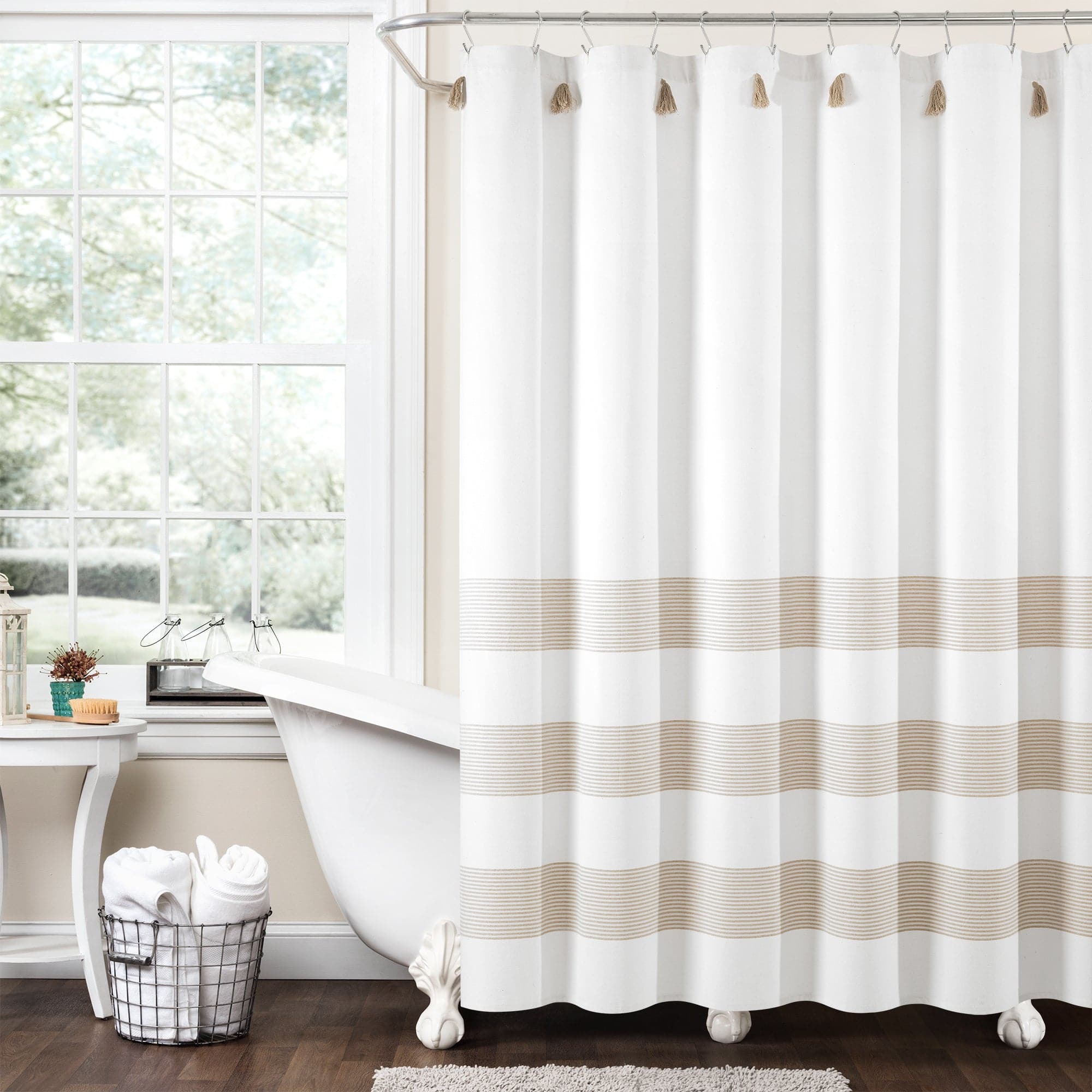 Boho Tassel Stripe Shower Curtain - Eco-Friendly Recycled Cotton Blend, Hand-Dyed Yarn, Waterproof Bathroom Decor for Boho Chic, Farmhouse or Coastal Style Homes
