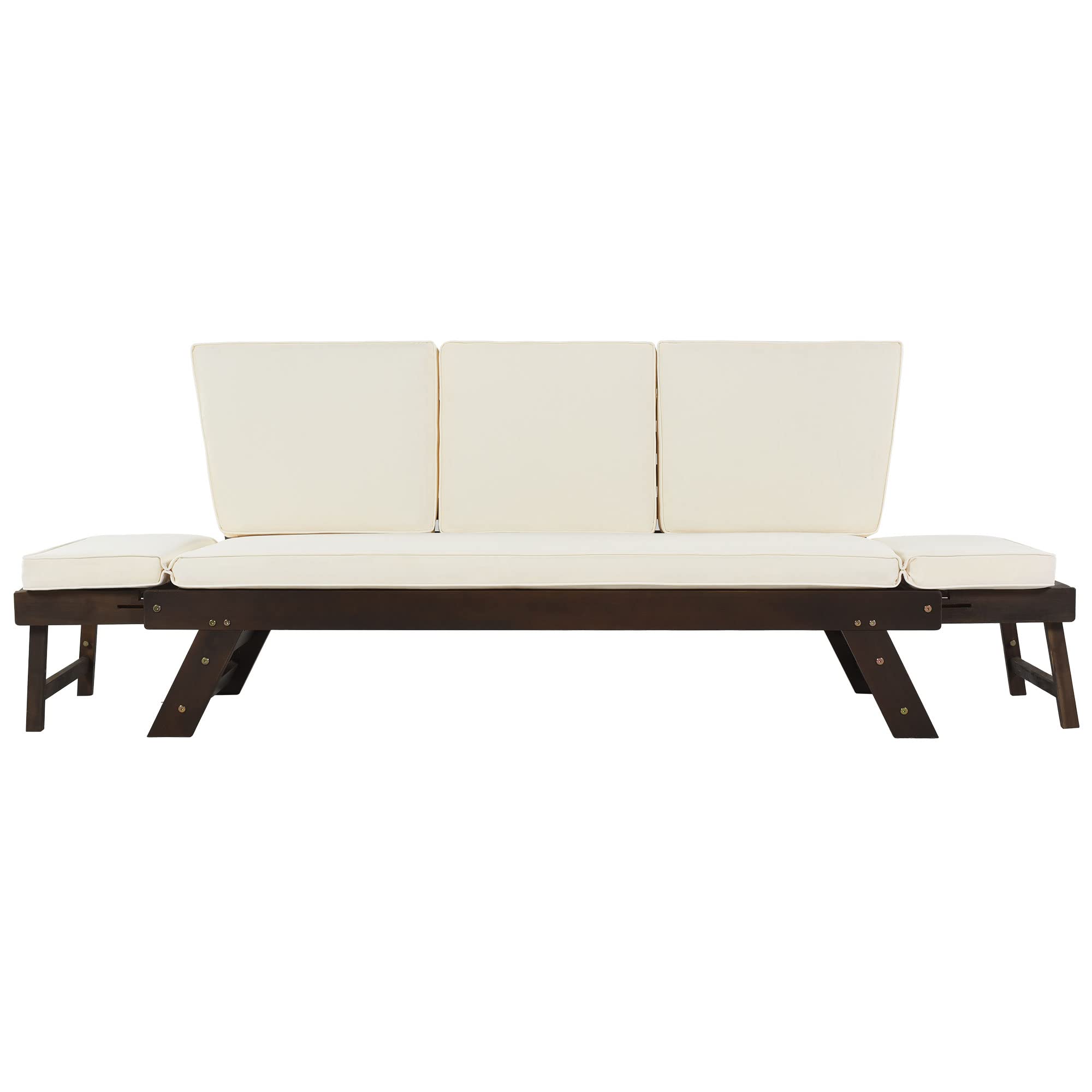 Merax Outdoor Patio Sofa Loveseat Chaise Lounge - Expandable Wooden Daybed with Gray Cushions for Small Spaces, Beige - Perfect for Balcony, Garden, or Poolside Relaxation