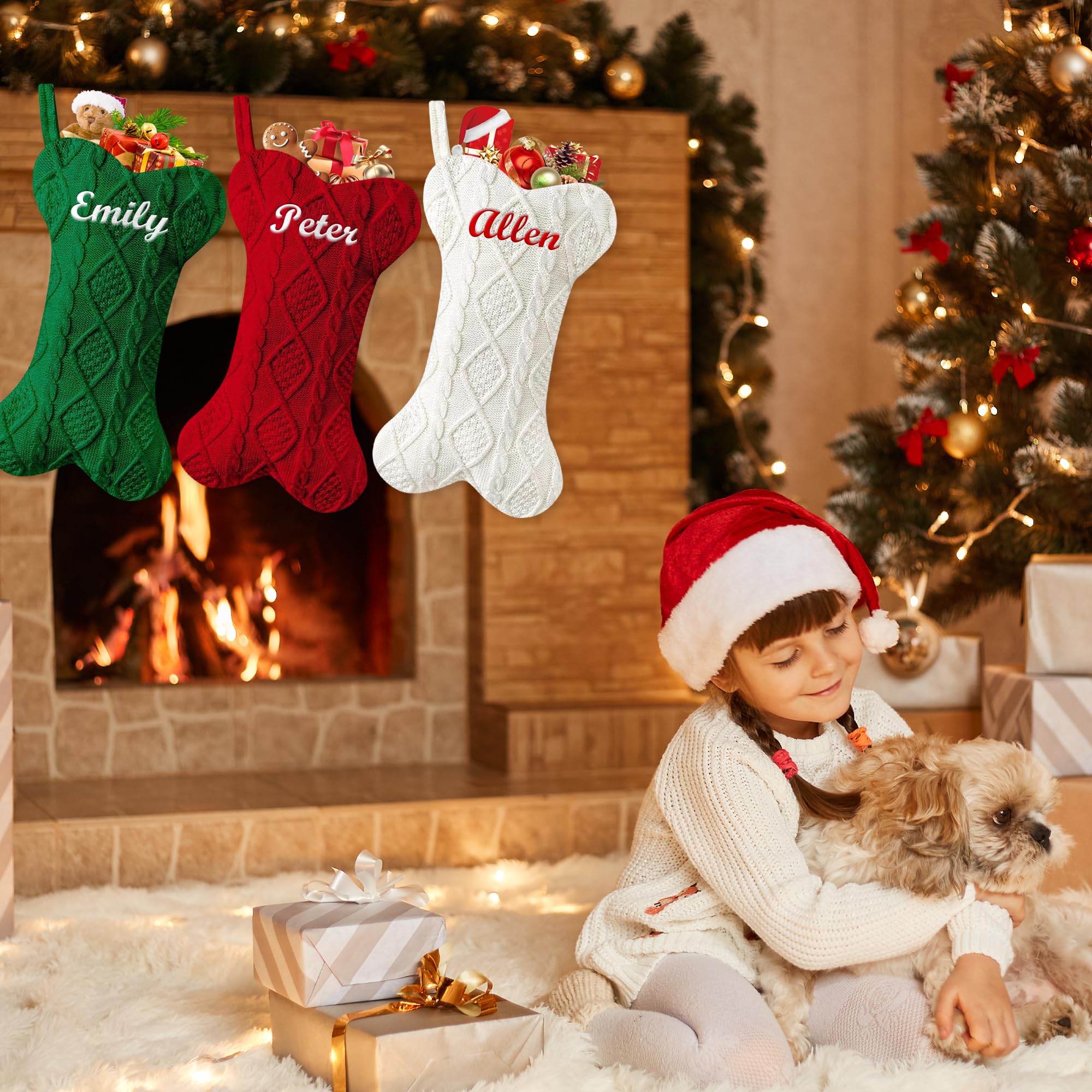 Personalized Large Knitted Christmas Stocking for Dogs & Cats - Custom Embroidered Pet Name Xmas Stocking, Bone-Shaped Holiday Fireplace Decoration for Pets (1 Piece) | Perfect for Pet Lovers' Christmas Gifts & Cozy Family Holiday Decor