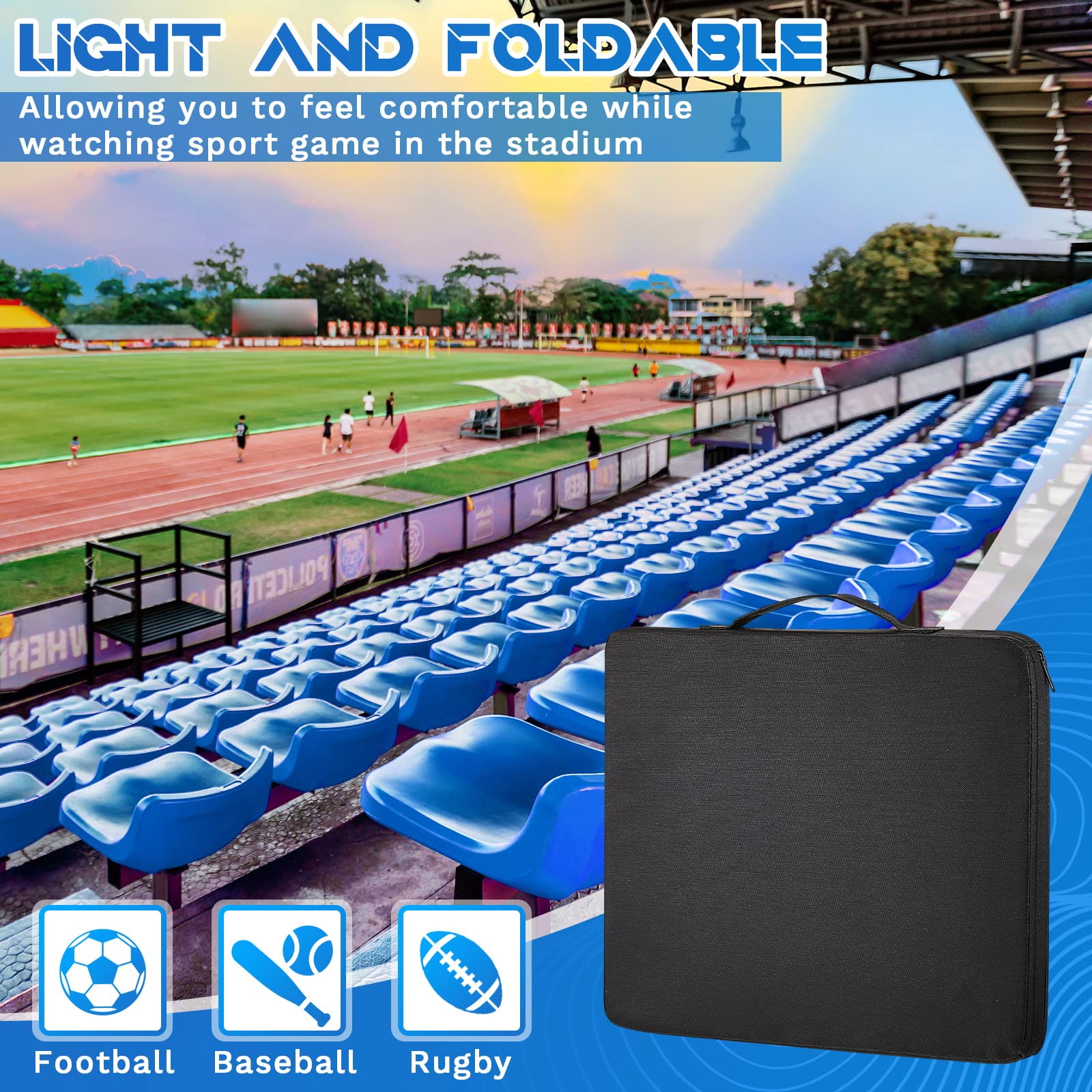 4 Pack Stadium Seat Cushion with Handle - Portable Bleacher Cushion for Sports Events, Outdoor Concerts, Camping & Hiking - Waterproof Padded Seat for Chairs, Beaches, Fishing & Picnics (Black) - Perfect for Football Games, Baseball Matches, Park Outings and Tailgating