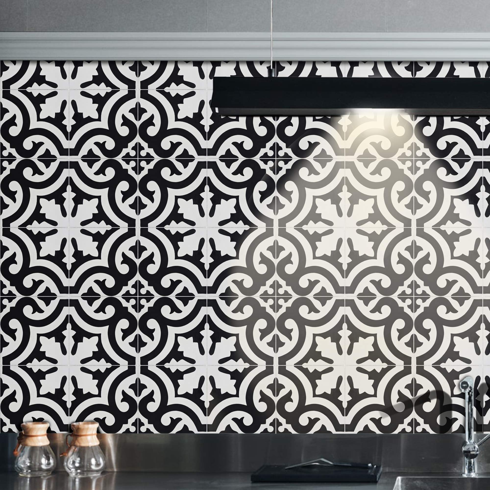 Handmade Moroccan Cement Mosaic Tile - Pack of 12 Black & White Tanger Pattern (CTP06-05) for Kitchen Backsplash, Bathroom Floor & Wall Decor