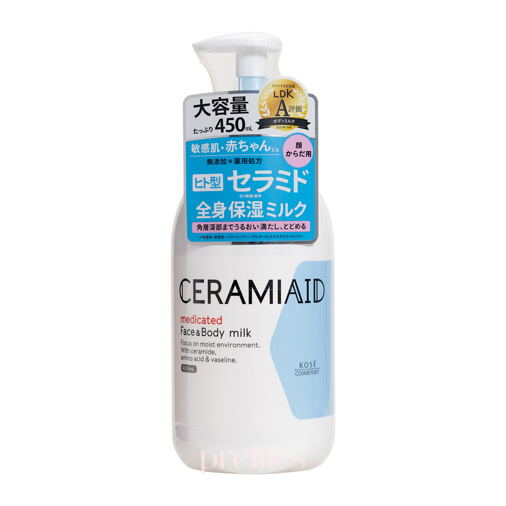 KOSE Ceramiaid Face & Body Moisturizing Milk 450ml - Hydrating Lotion for Dry Skin, Daily Facial & Body Care, Perfect for Home & Travel Use