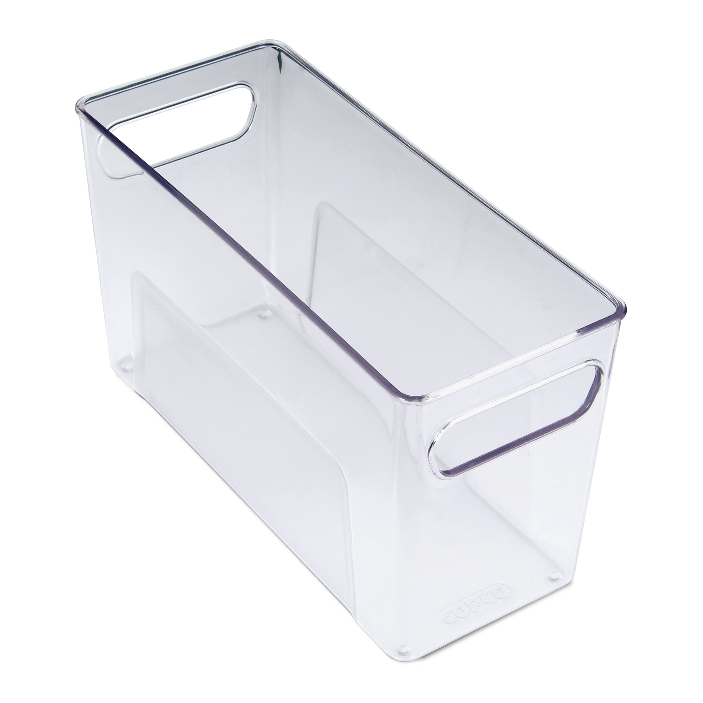 Copco Narrow Clear Plastic Storage Bin - 10.5 x 4.5 x 6 Inches - Kitchen, Refrigerator, Pantry & Laundry Organizer - Perfect for Food Containers, Spice Jars & Cleaning Supplies Storage
