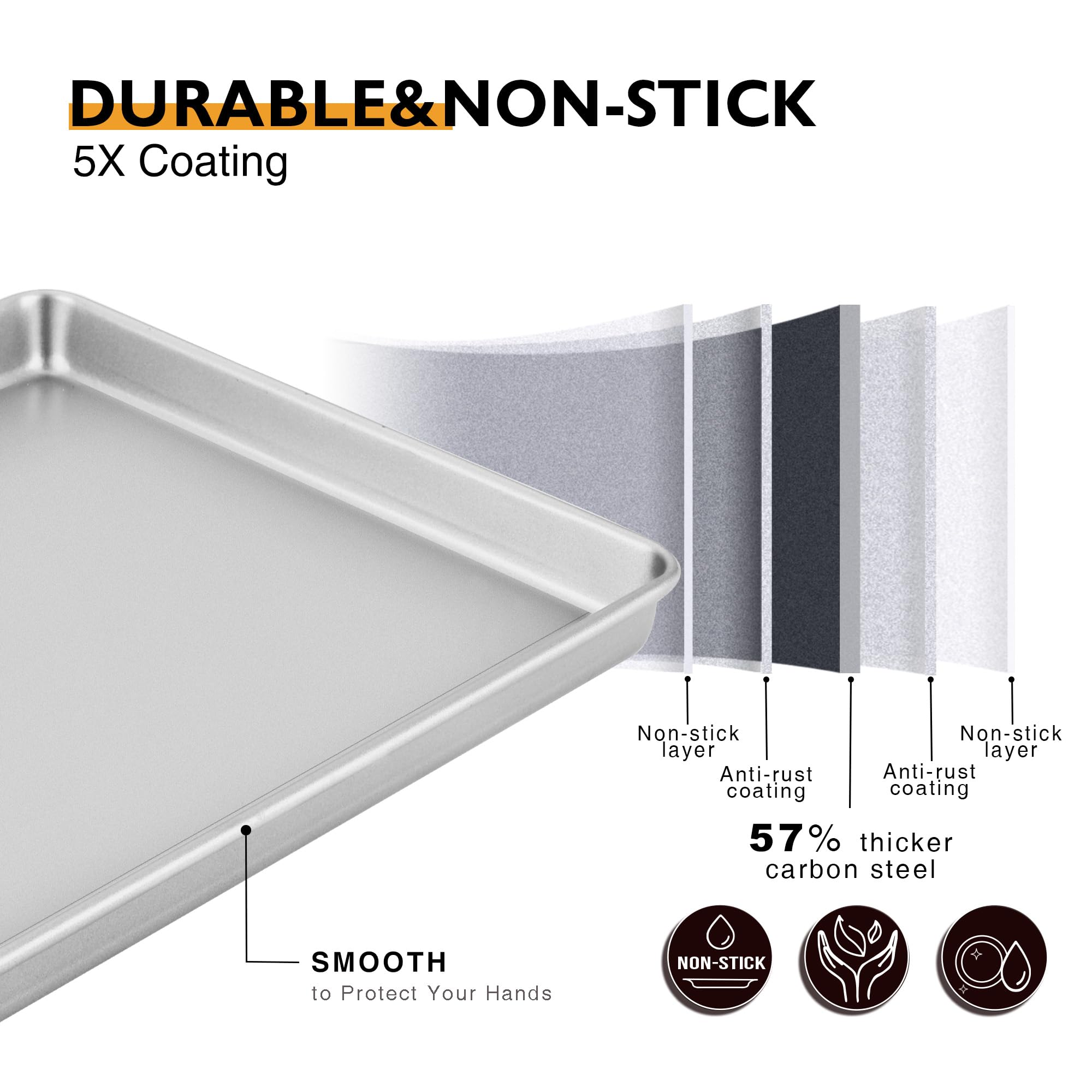 HONGBAKE 2-Pack Nonstick Half Baking Sheet Pan Set - Heavy Duty Commercial Cookie Trays for Oven, Dishwasher Safe, Silver | Perfect for Baking Cookies, Roasting Veggies & Meal Prep