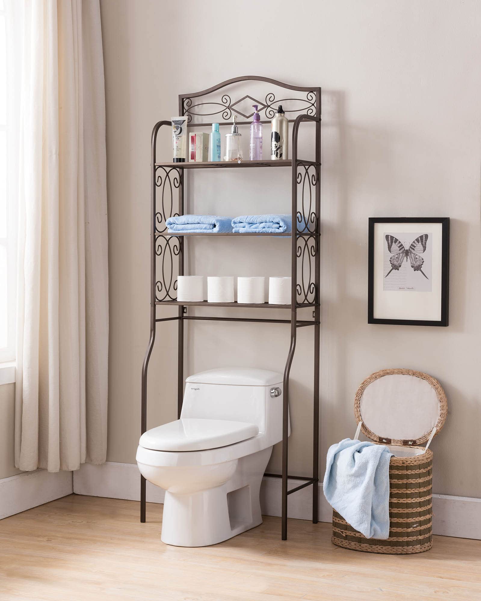 3-Tier Pewter Metal Over The Toilet Storage Shelf - Bathroom Organizer Rack with Shelves for Towels, Toiletries & Decor | Space-Saving Bathroom Storage Solution