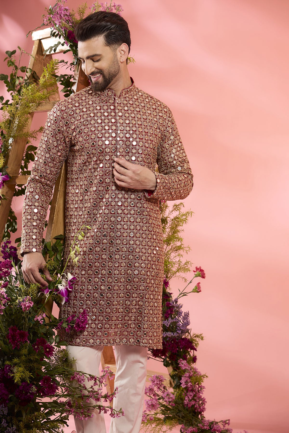 Elegant Red Georgette Mirror Work Kurta for Women - Traditional Indian Embroidered Tunic Top - Perfect for Festivals, Weddings & Special Occasions