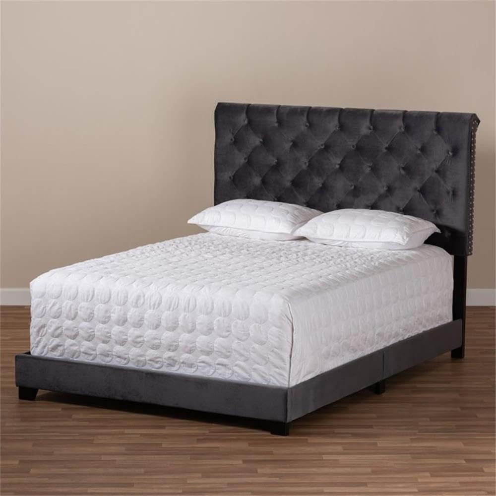 BOWERY HILL Velvet Tufted Full Size Bed Frame - Dark Grey Upholstered Platform Bed with Button Tufting | Perfect for Modern Bedrooms, Guest Rooms & Master Suites