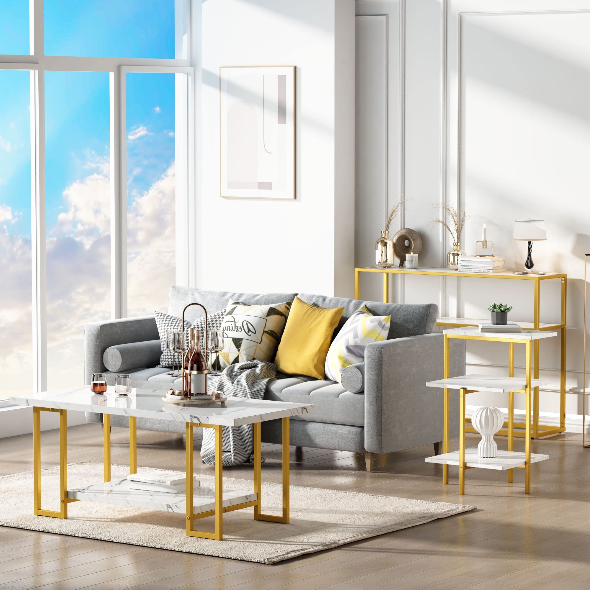 MIERES Faux Marble Coffee Table Set of 3 - Modern White & Gold Nesting Tables with Storage Shelves & Metal Frame for Living Room, Bedroom, Small Spaces | Easy Assembly | Perfect for Coffee, Books & Decor
