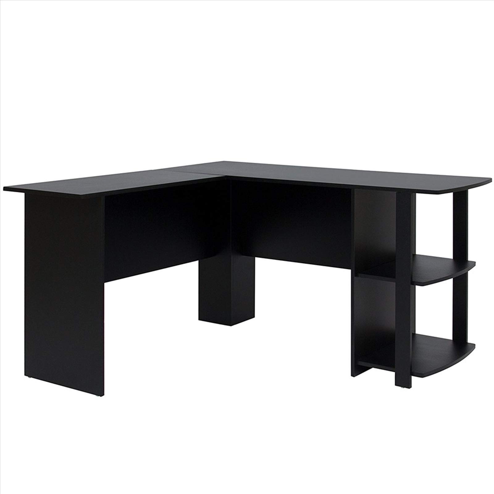 FCH L-Shaped Wooden Corner Desk with 2-Tier Bookshelves - Black Home Office Computer Workstation for Small Spaces & Gaming Setup