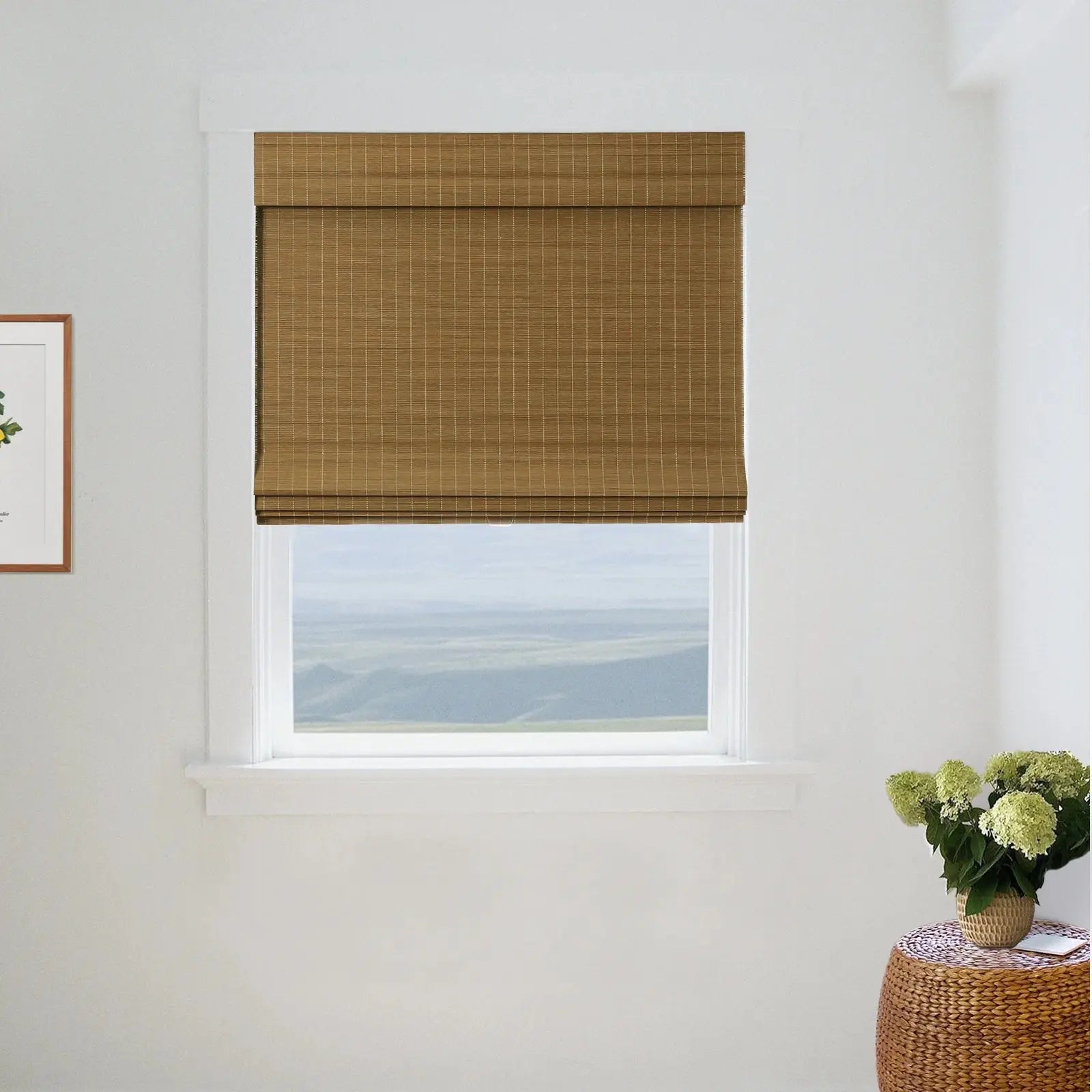 Sybil Bamboo Roman Shade in Cinnamon - Natural Wood Window Treatment for Living Room & Bedroom - Light Filtering & Privacy