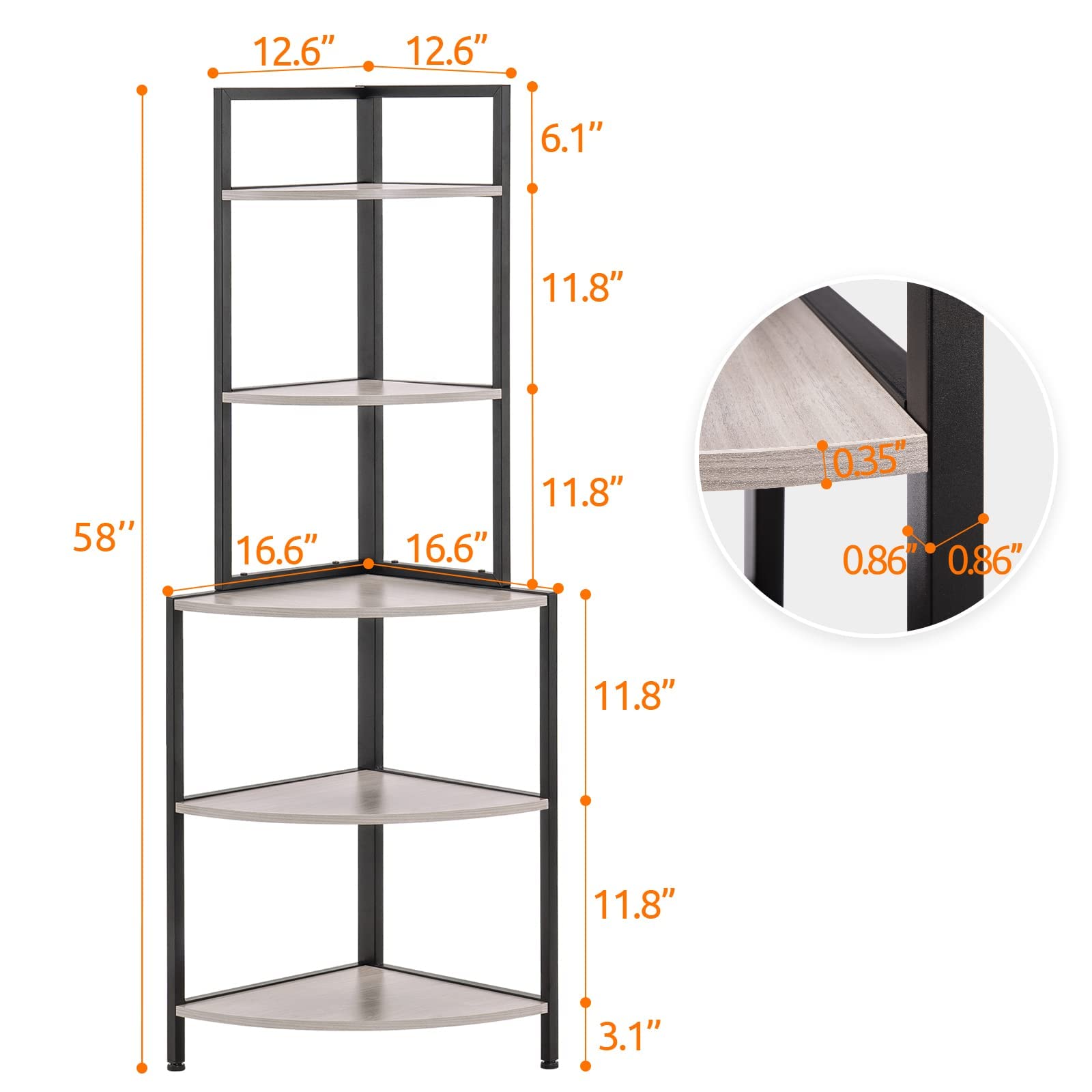 Apicizon 5-Tier Industrial Corner Bookshelf - Metal Frame Rustic Storage Shelf for Home Office, Kitchen & Small Spaces | Display Plants, Flowers & Books | Durable Grey Corner Shelving Unit for Living Room, Bedroom & Workspace