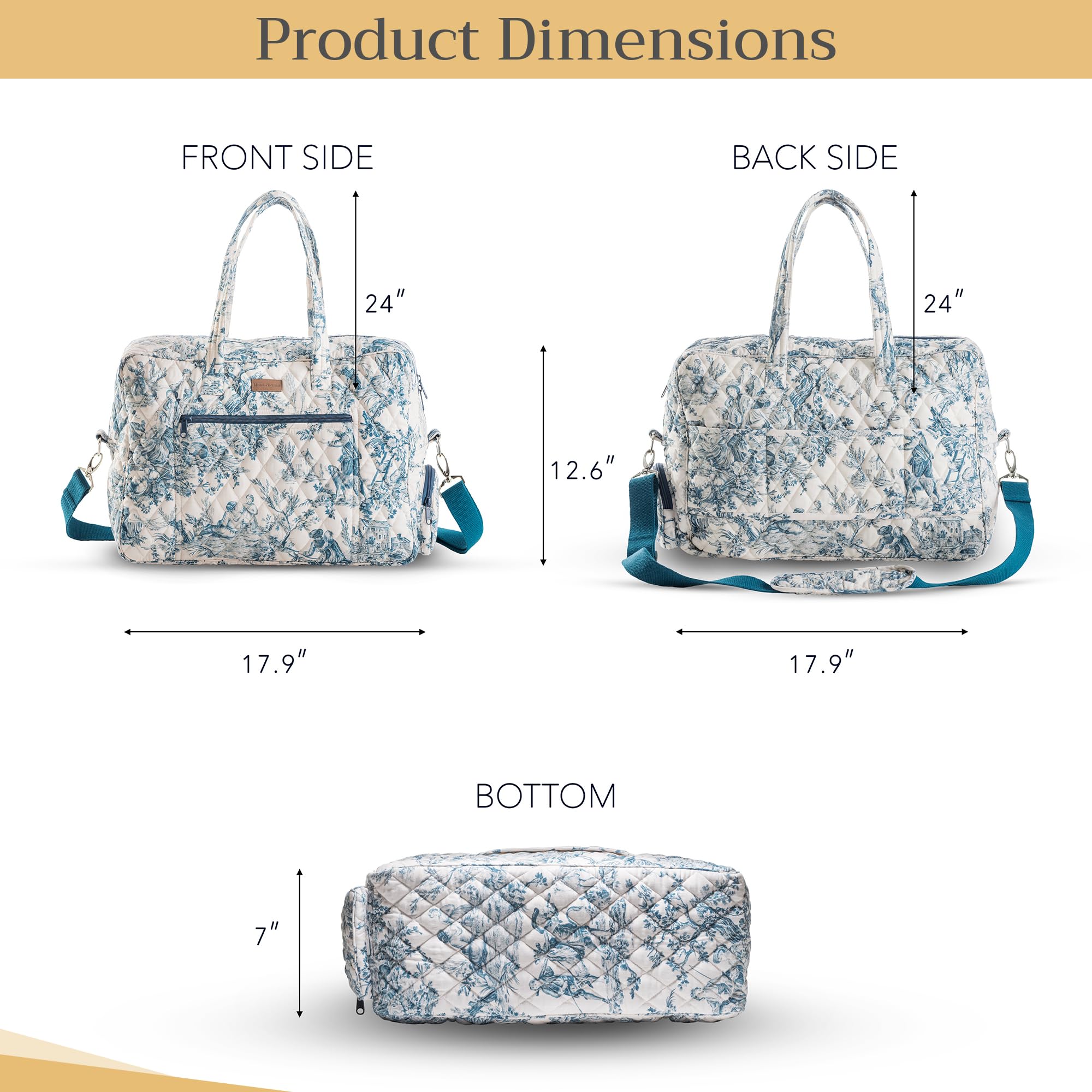 Maison d'Hermine Quilted Cotton Weekender Bag - Durable Overnight Duffel for Travel, Gym & Business | Perfect Gift for Men & Women | Family Trips & Business Travel | The Miller Blue
