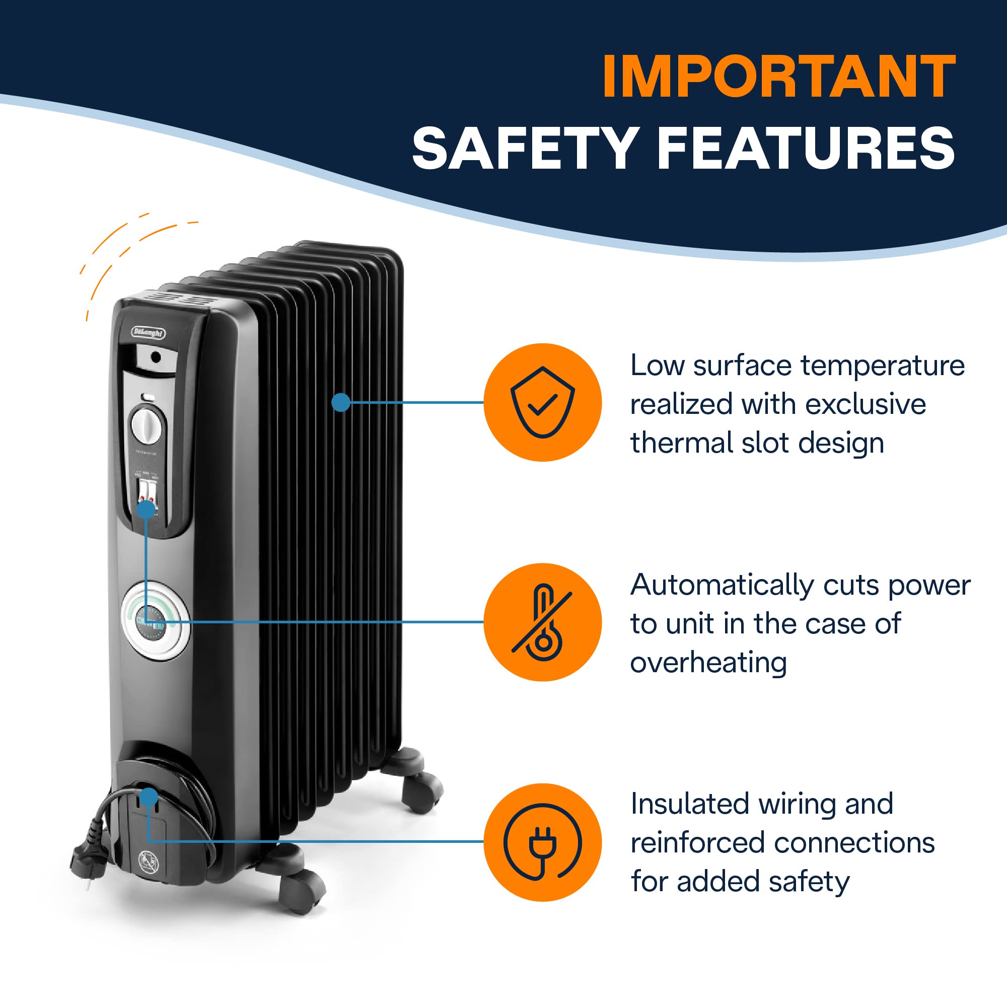De'Longhi EW7707CB 1500W Oil Filled Radiator Heater - Portable Electric Space Heater for Indoor Use, Energy Efficient Room Heater with Safety Features for Office, Bedroom & Home - Perfect for Winter Warmth & Energy Savings