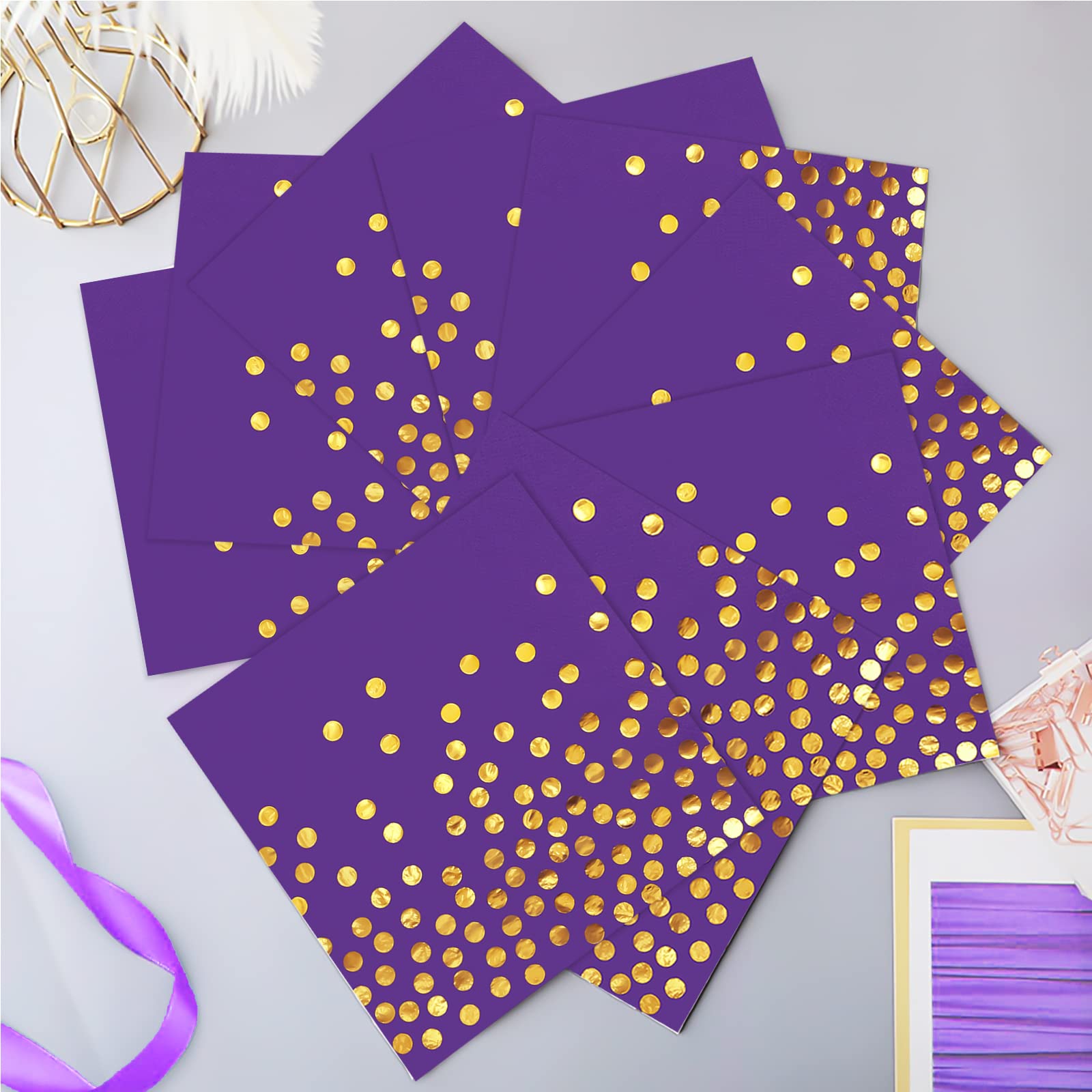100-Pack Purple Cocktail Napkins with Gold Dots - Disposable Paper Dinner Napkins for Birthday, Anniversary, Wedding & Party Supplies - Perfect for Cocktail Hours, Bridal Showers, and Upscale Events