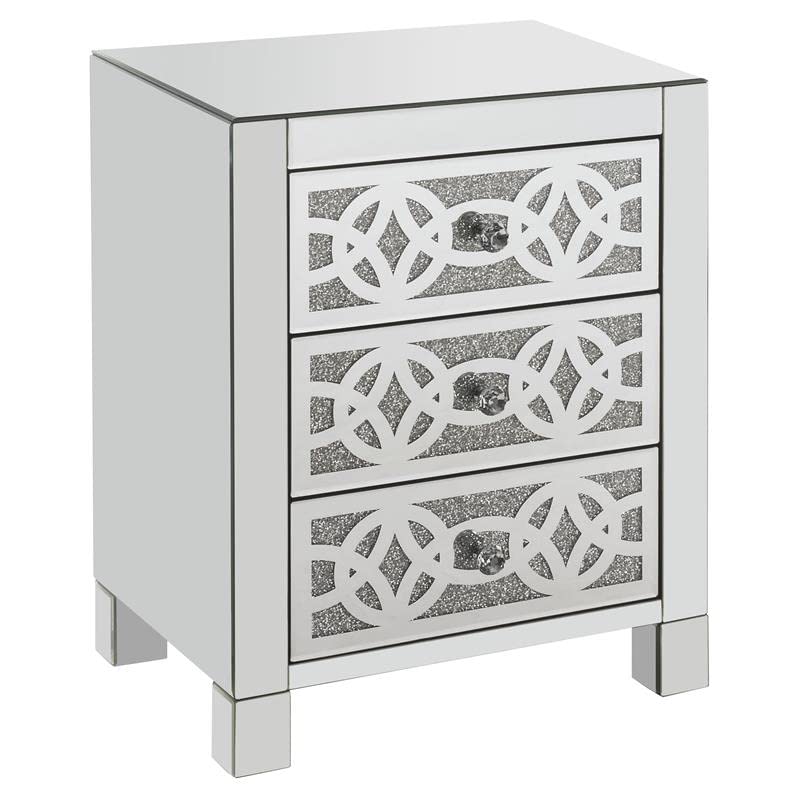 Acme Noralie Glass Accent Table with 3 Drawers - Mirrored Finish & Faux Diamond Decor - Perfect for Living Room, Bedroom or Entryway Decor