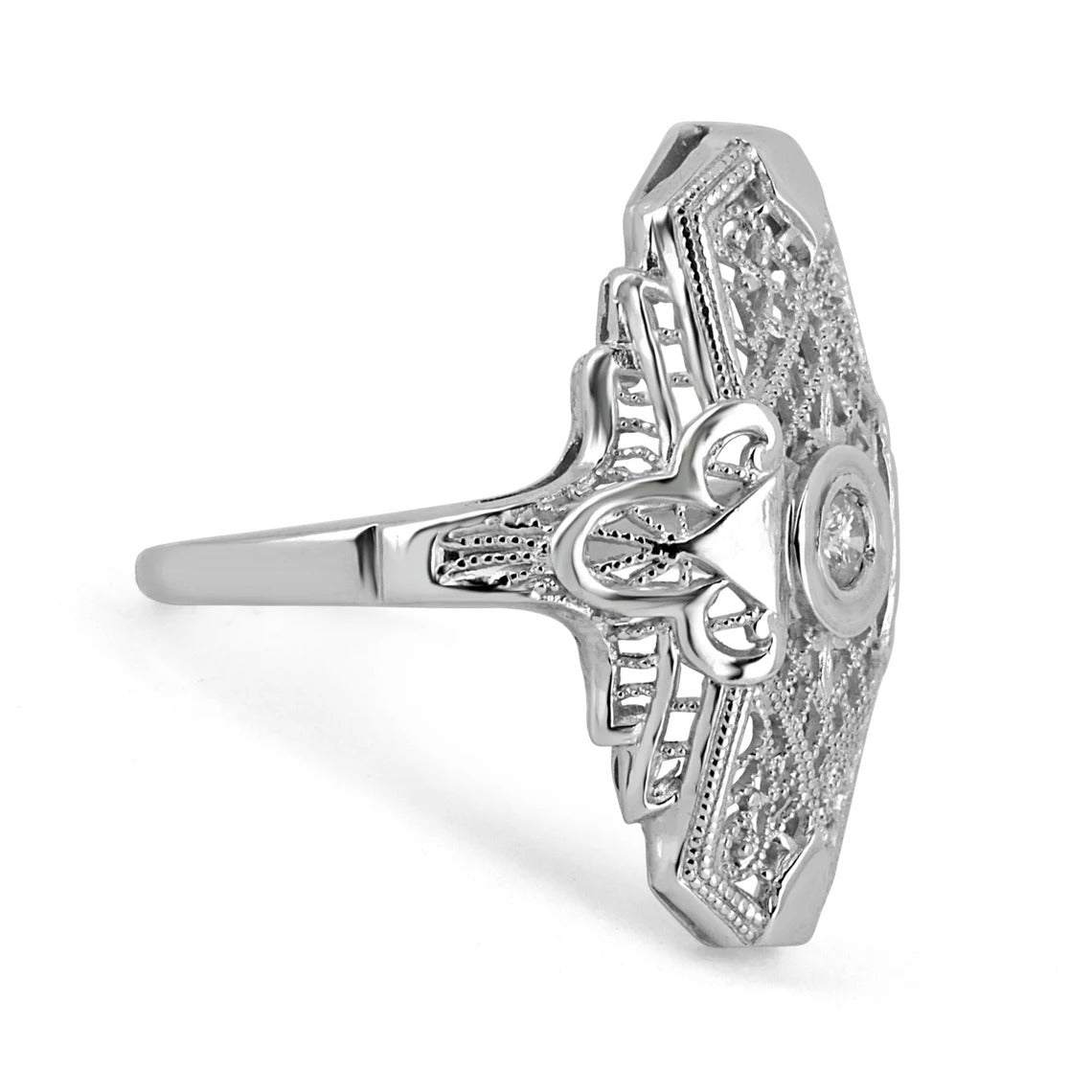 Vintage Art Deco 0.20ct Diamond Cocktail Ring in 14K Gold with Filigree & Milgrain Detailing - Perfect for Weddings, Anniversaries & Special Occasions
