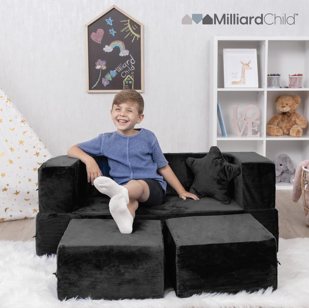 Milliard Modular Kids Sofa for Toddlers & Babies - Soft Playroom & Bedroom Furniture with Bonus Pillow (Black) - Perfect for Playtime, Naps & Cozy Reading Corners
