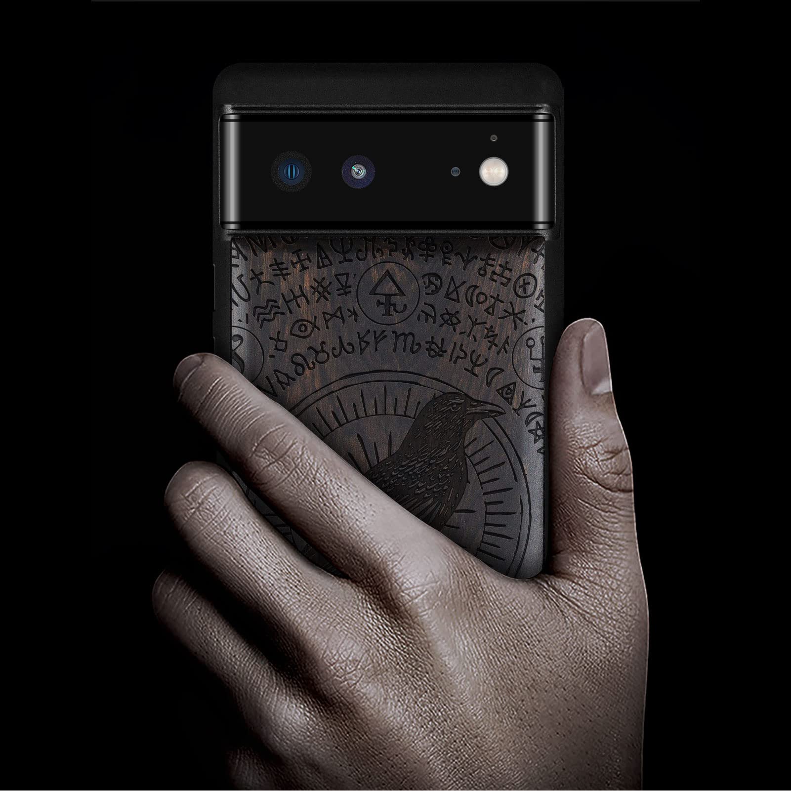 Carveit Wooden Case for Google Pixel 6 (2021) - Natural Wood & Black TPU Shockproof Protective Cover - Witchcraft Raven-Blackwood Design - Perfect for Outdoor Adventures & Everyday Protection