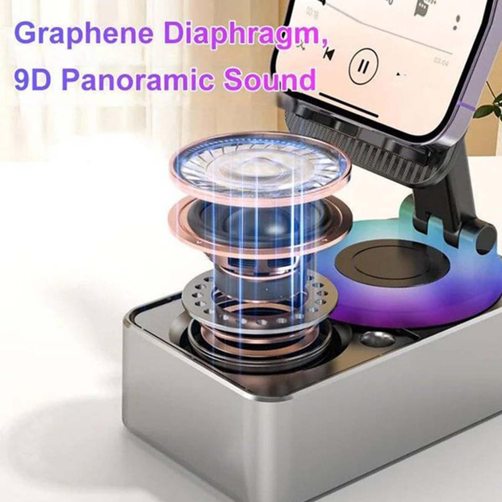 360° Rotatable Adjustable Bluetooth Speaker Phone Stand - Wireless Charging & Hands-Free Calling for Home, Office, and Car Use