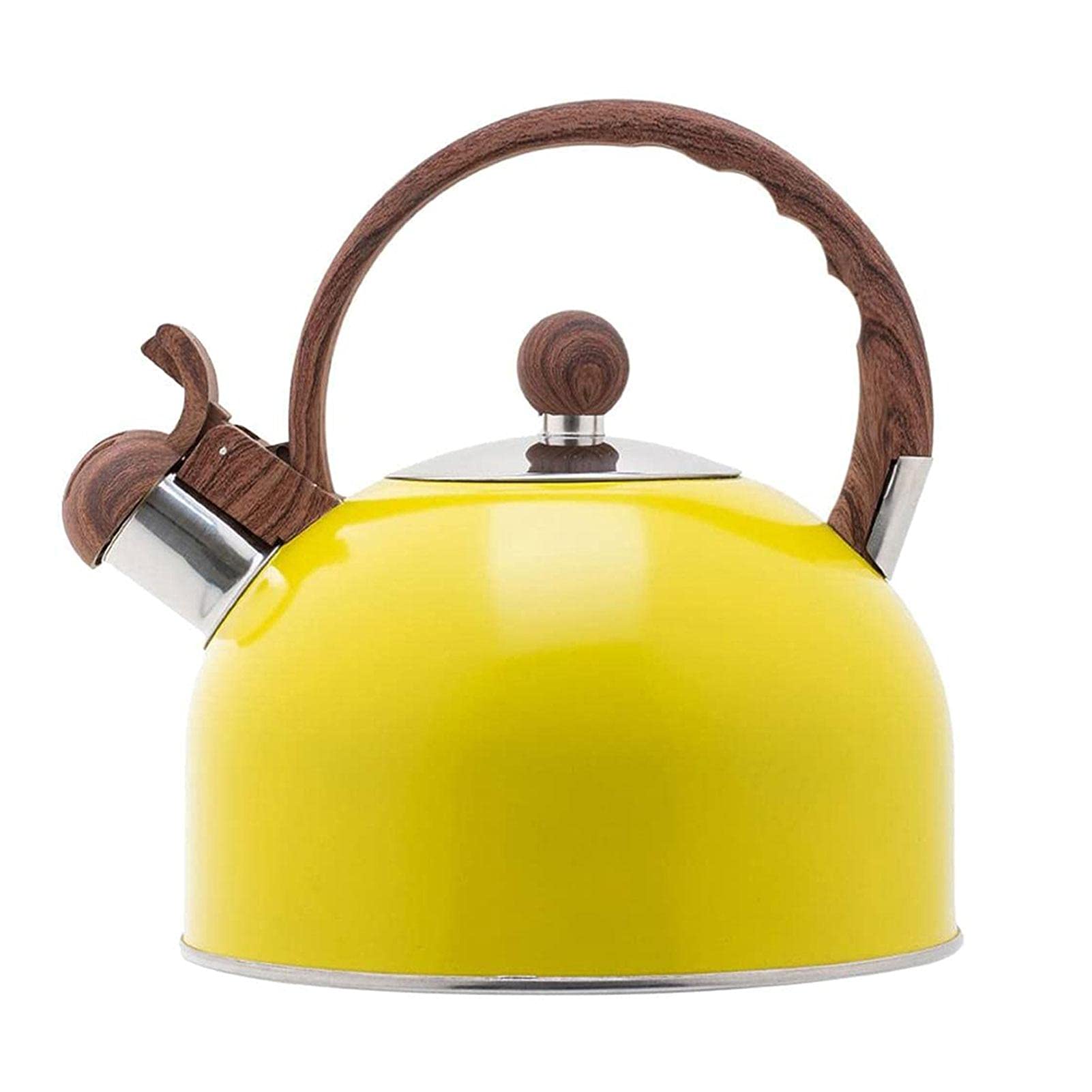 Premium 2.5L Stainless Steel Whistling Tea Kettle for Stovetop - Wood Grain Handle with Loud Whistle - Yellow - Perfect for Home, Office & Camping Tea Brewing