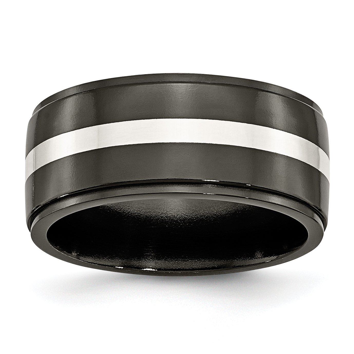 Men's Black Titanium Wedding Band Ring with Sterling Silver Inlay - 10mm Polished Comfort Fit Ring for Men - Perfect for Engagement, Wedding, Anniversary & Everyday Wear
