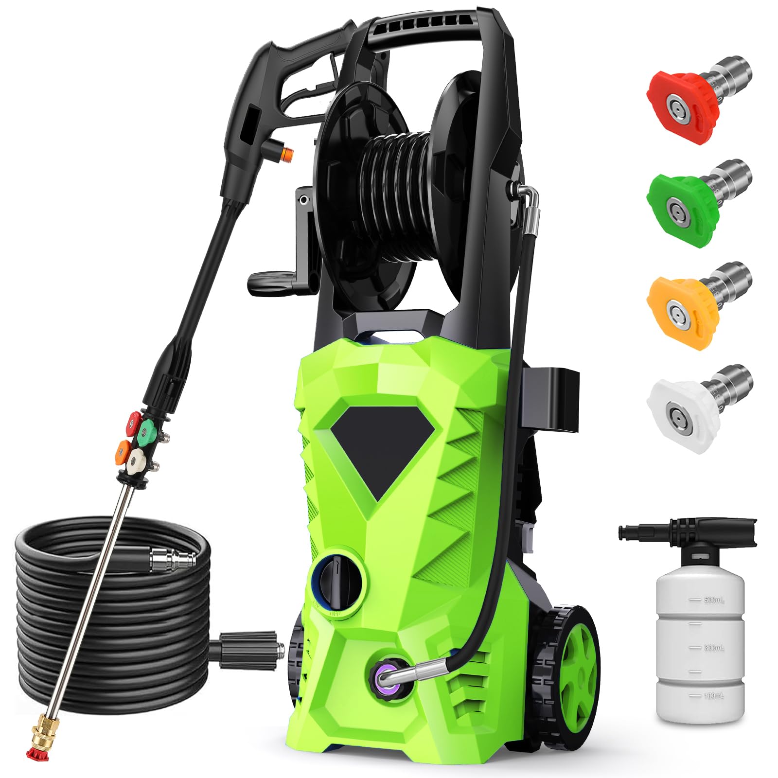 2025 Upgraded 5000PSI Electric Pressure Washer with 33ft Hose Reel & Foam Cannon - Heavy Duty Power Washer for Home, Driveway, Car Washing, Fence Cleaning & Outdoor Surfaces - Includes 4 Nozzle Set (Green)