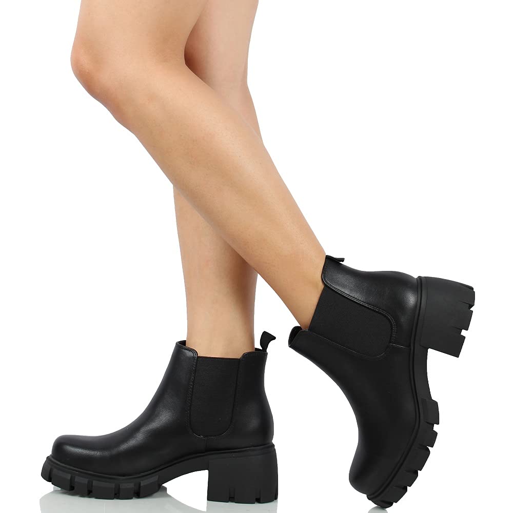 Women's Faux Leather Chelsea Ankle Boots - Slip On Lug Sole Booties for Women | Comfortable Winter & Fall Fashion Shoes for Casual Outfits & Office Wear