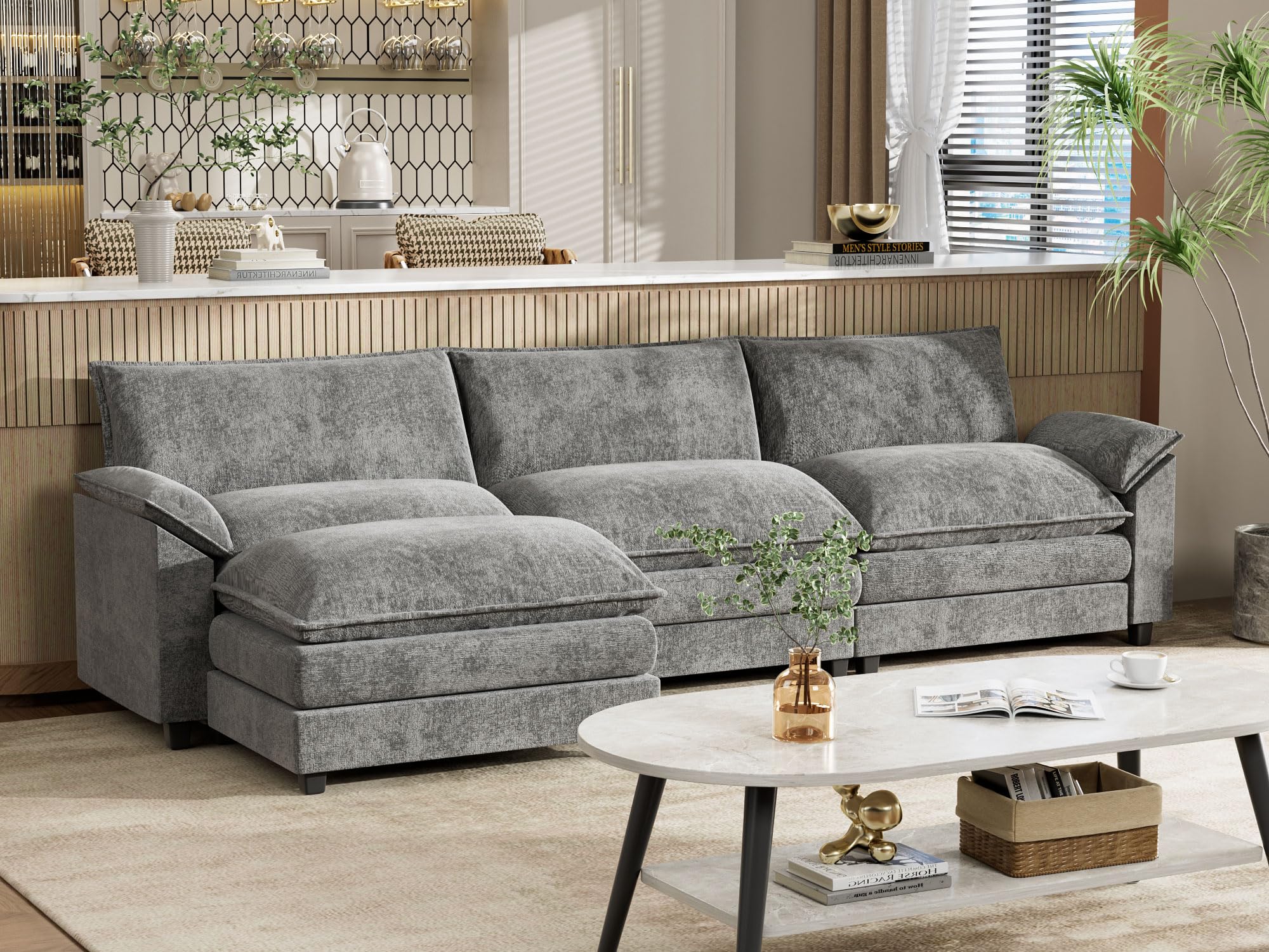 **YESHOMY Modular Sectional Sofa L-Shaped Chenille Fabric Couch with High-Support Cushions & Removable Ottoman – Comfortable Sleeper Sofa for Living Room, Apartment, or Small Space – Grey**    *(Use Case: Perfect for cozy movie nights, family gatherings, or as a stylish space-saving solution in apartments, lofts, and small living rooms.)*